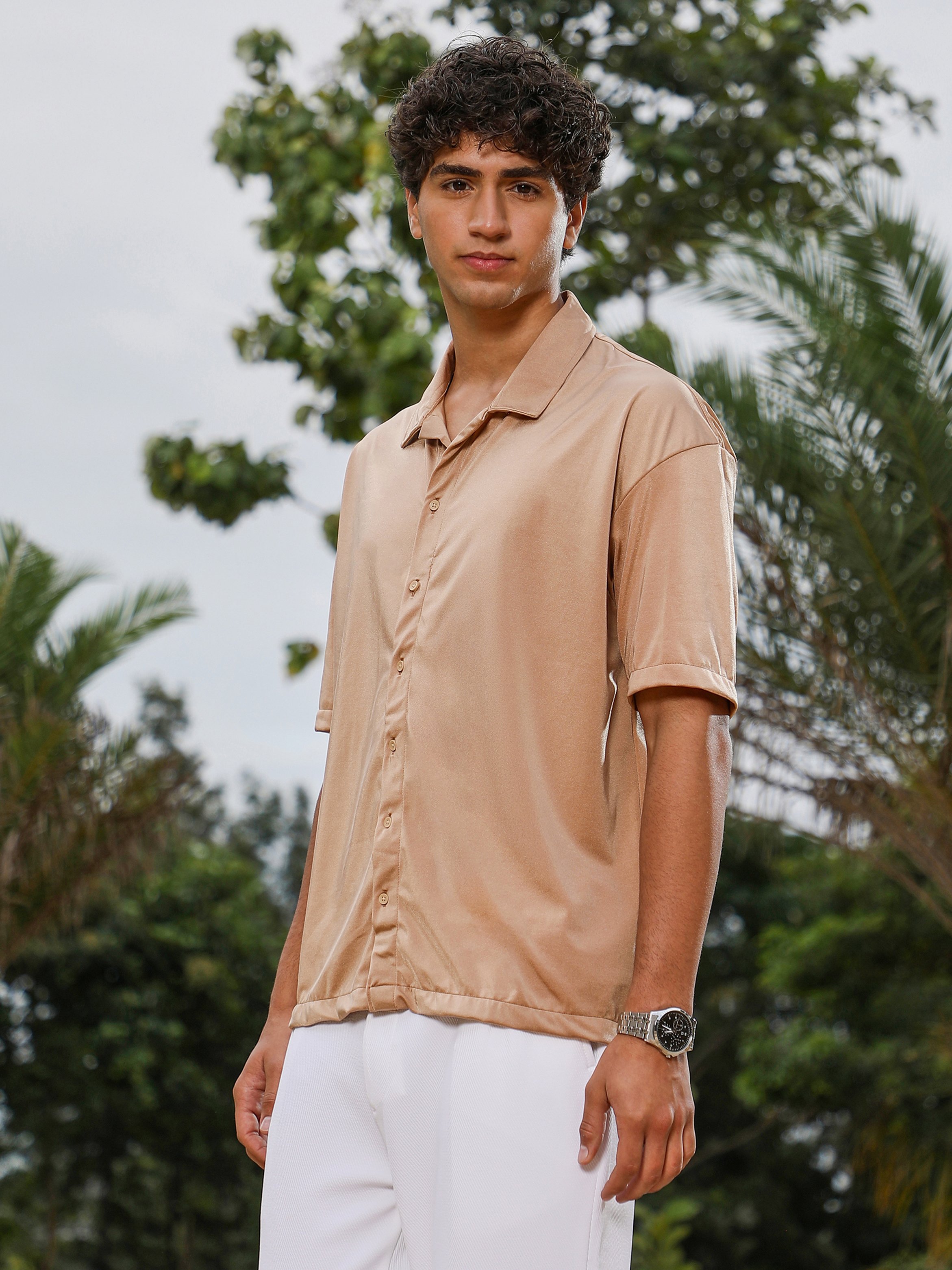 Men Beige Satin Resort Oversized Shirt