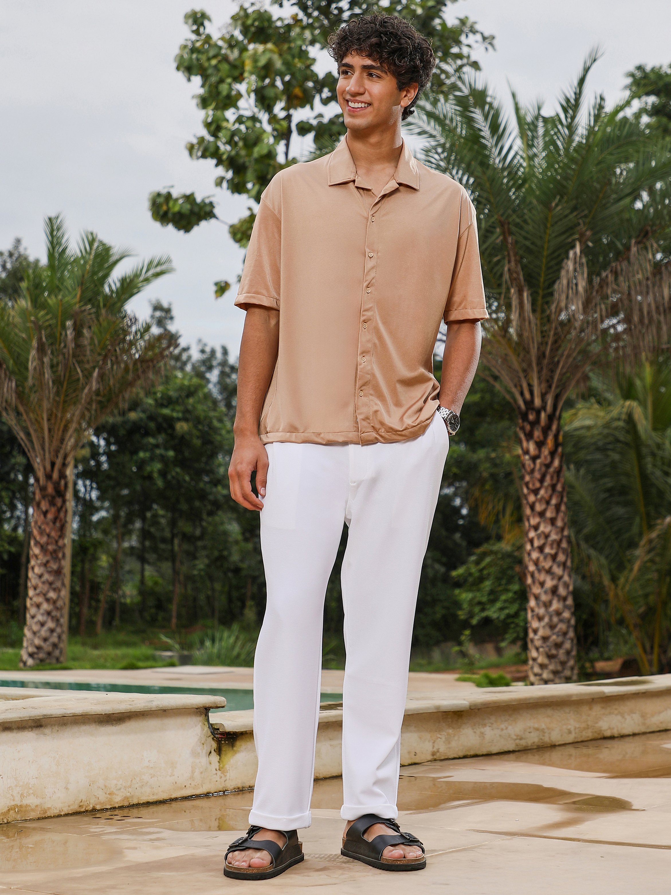 Men Beige Satin Resort Oversized Shirt