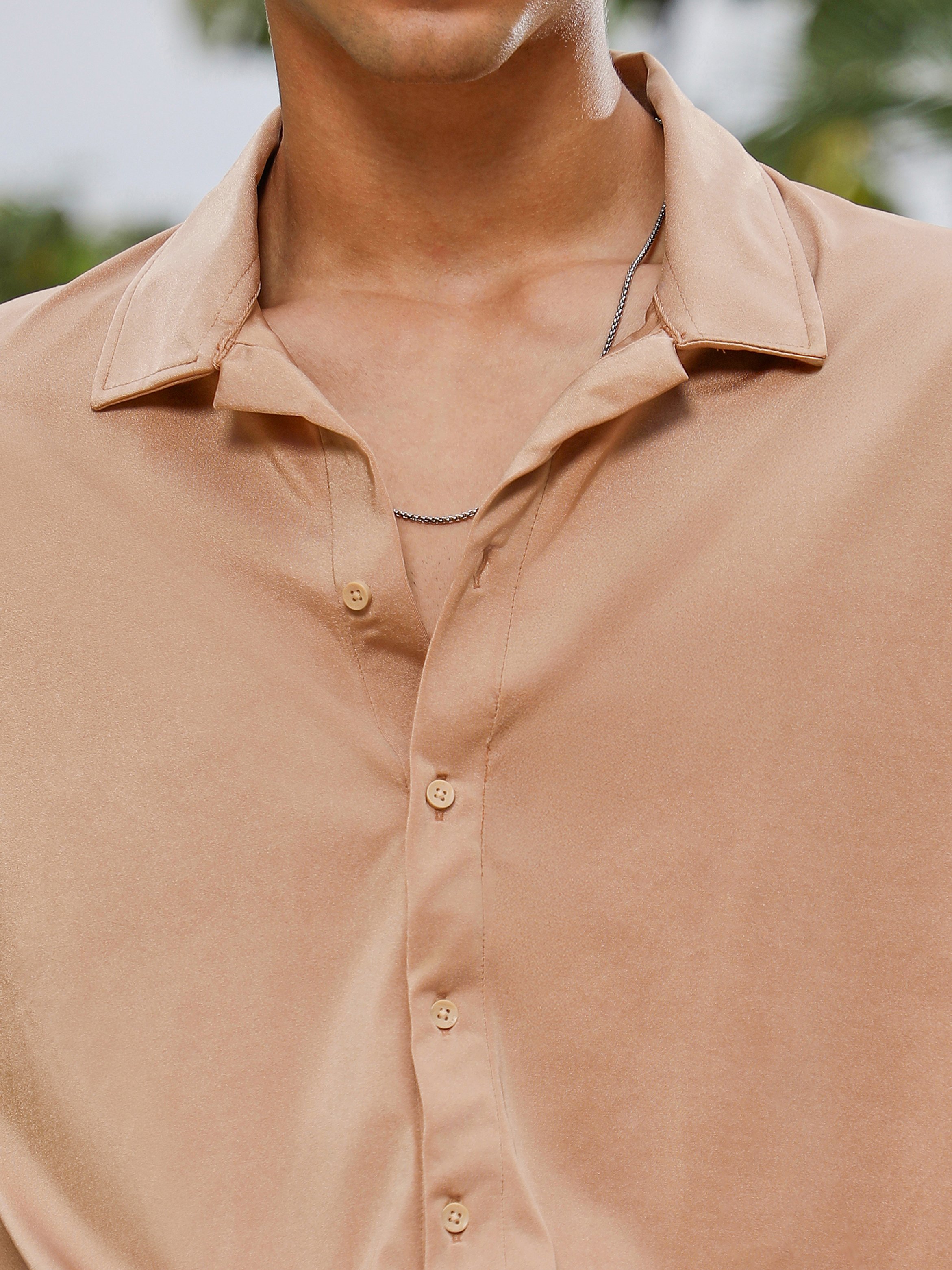 Men Beige Satin Resort Oversized Shirt