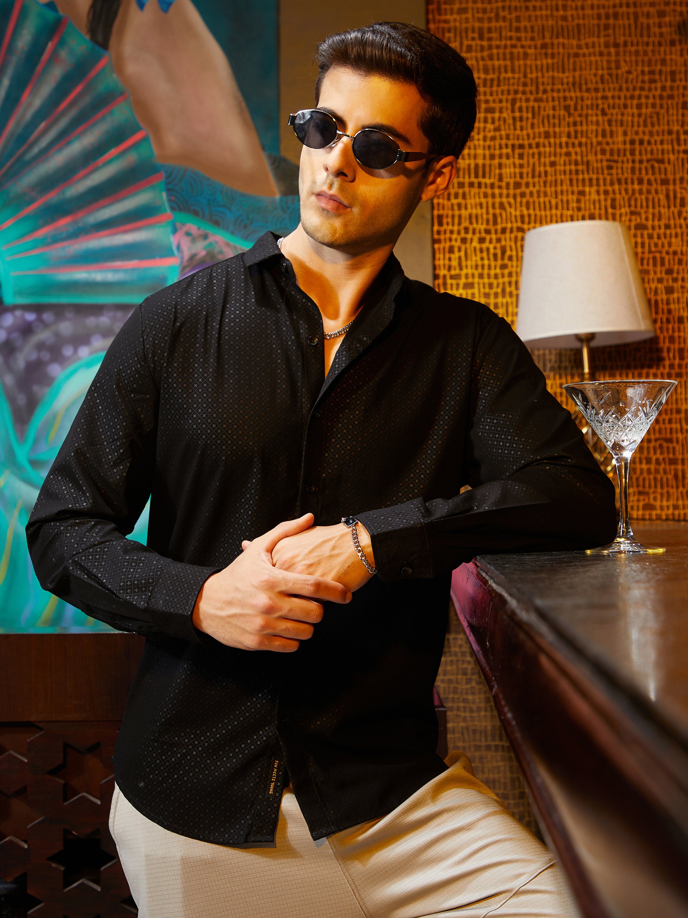 Men Black Cross-Stitch Textured Shirt