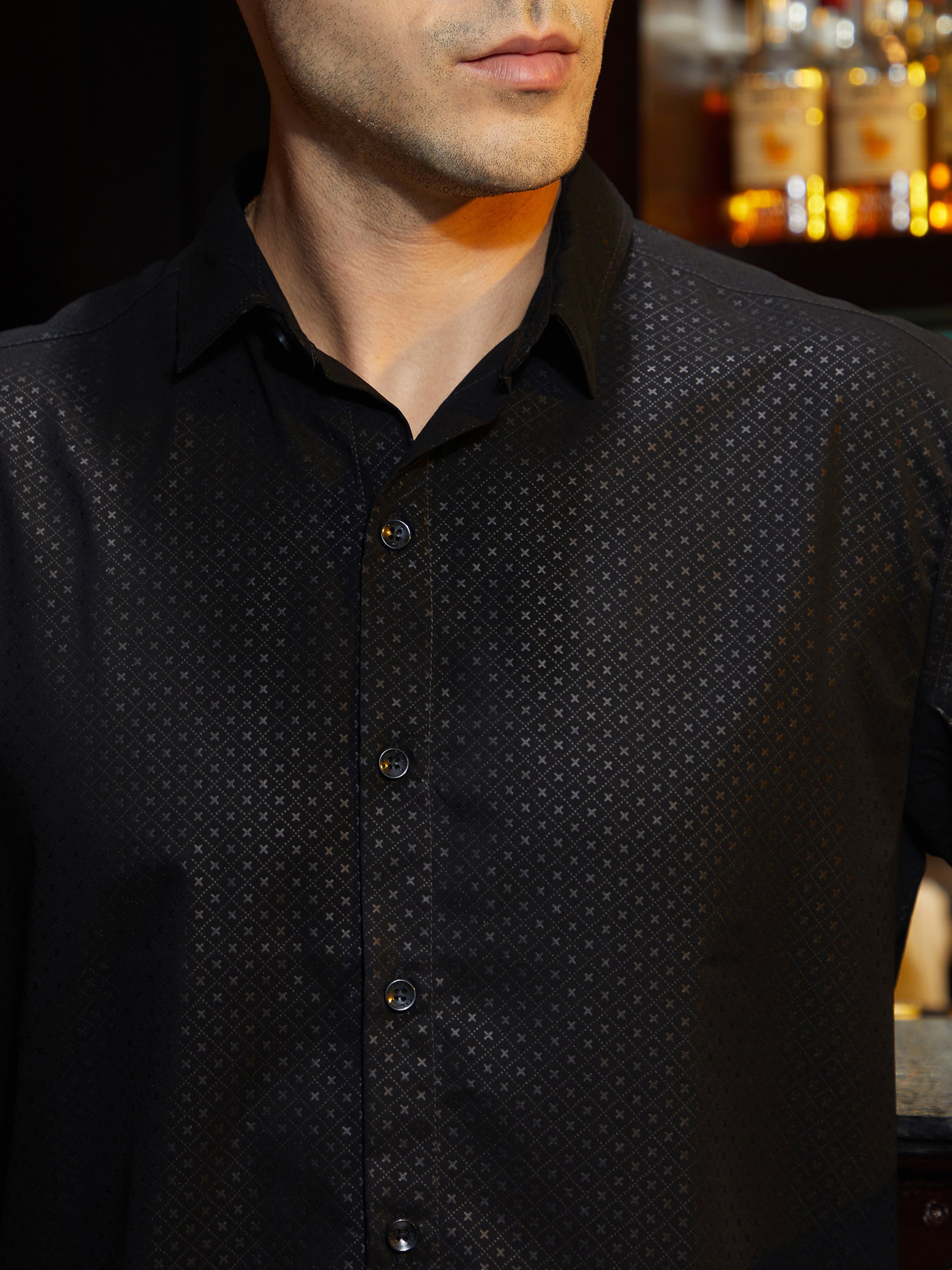Men Black Cross-Stitch Textured Shirt