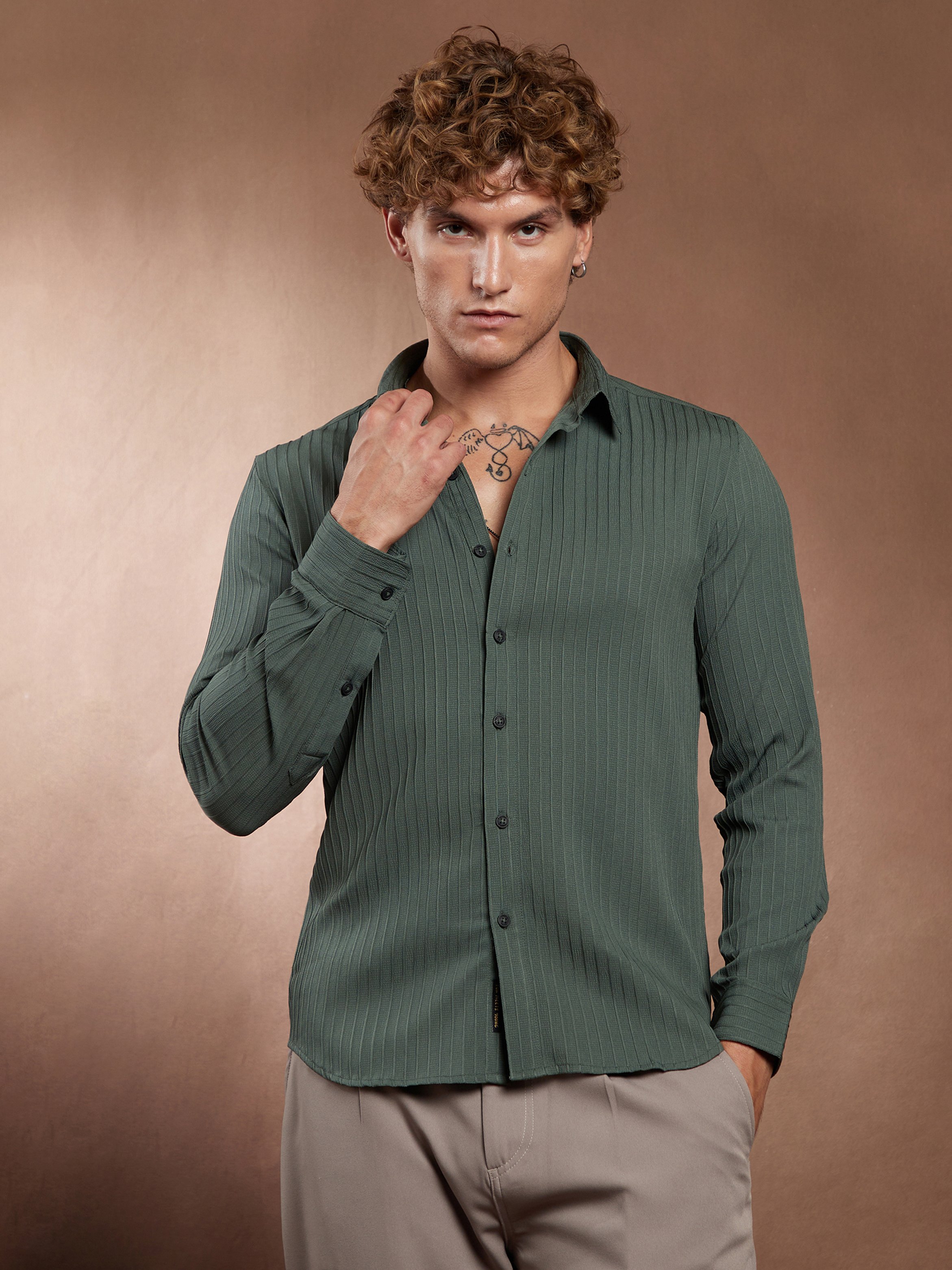 Men Emerald Green Pinstripe-Tactile Shirt