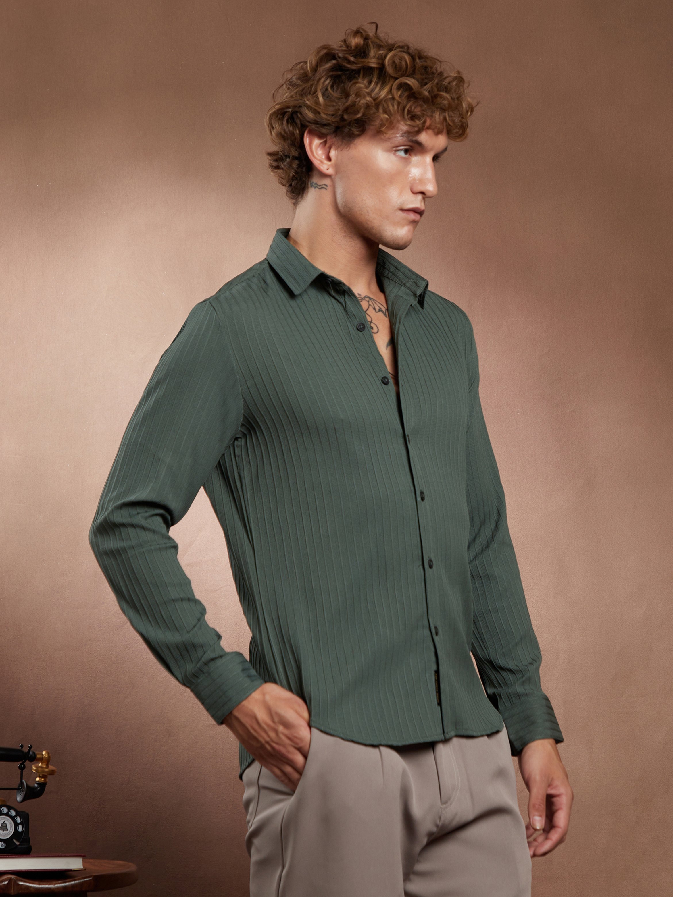 Men Emerald Green Pinstripe-Tactile Shirt