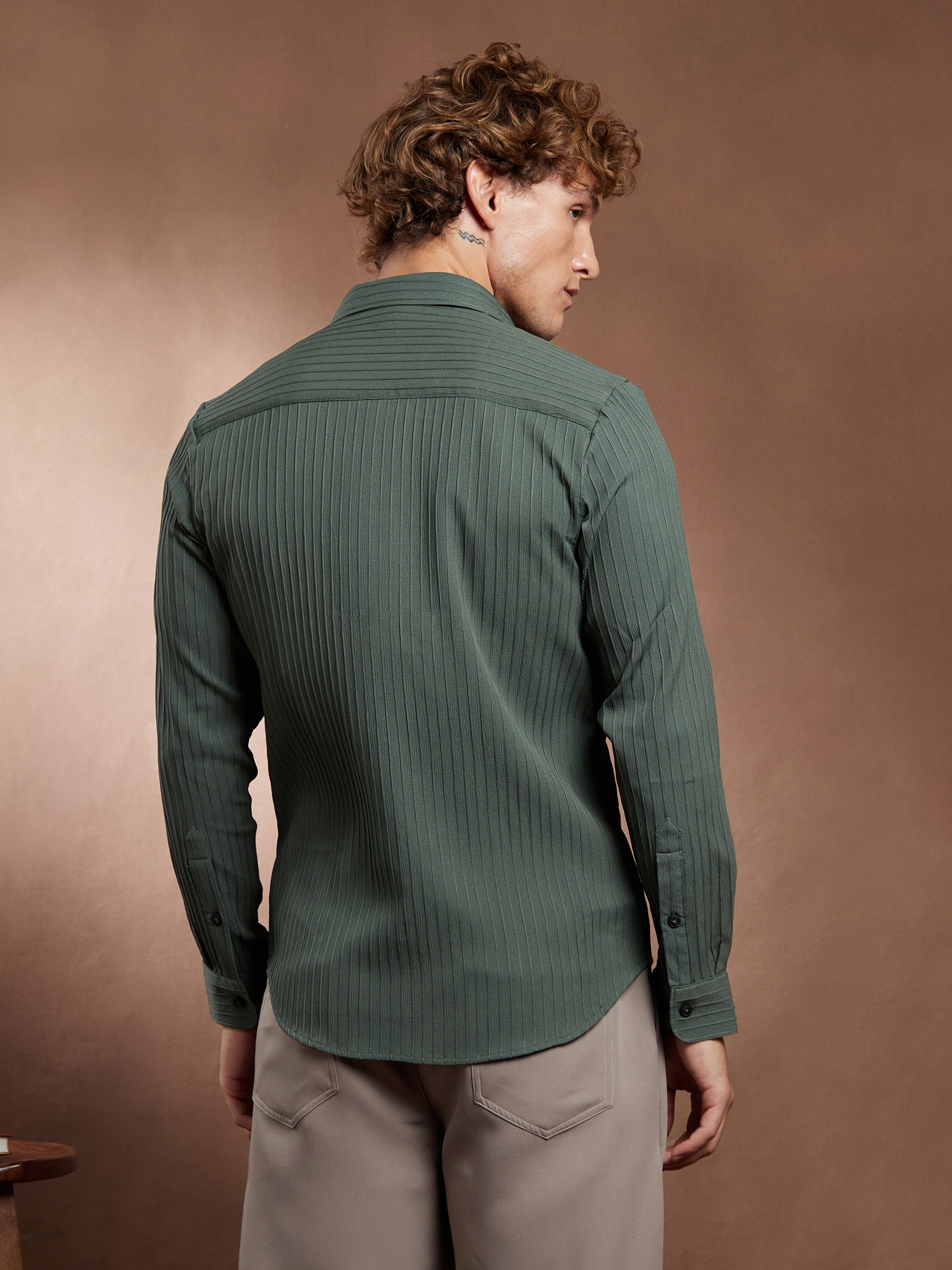 Men Emerald Green Pinstripe-Tactile Shirt