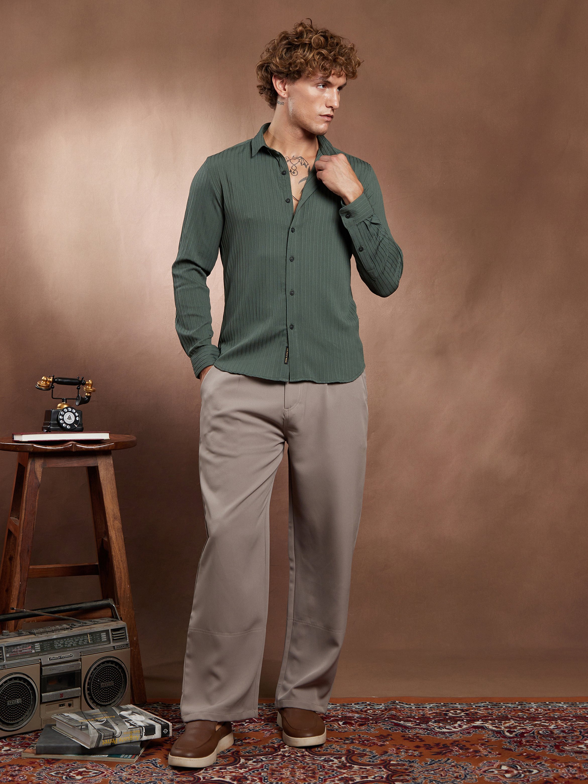 Men Emerald Green Pinstripe-Tactile Shirt