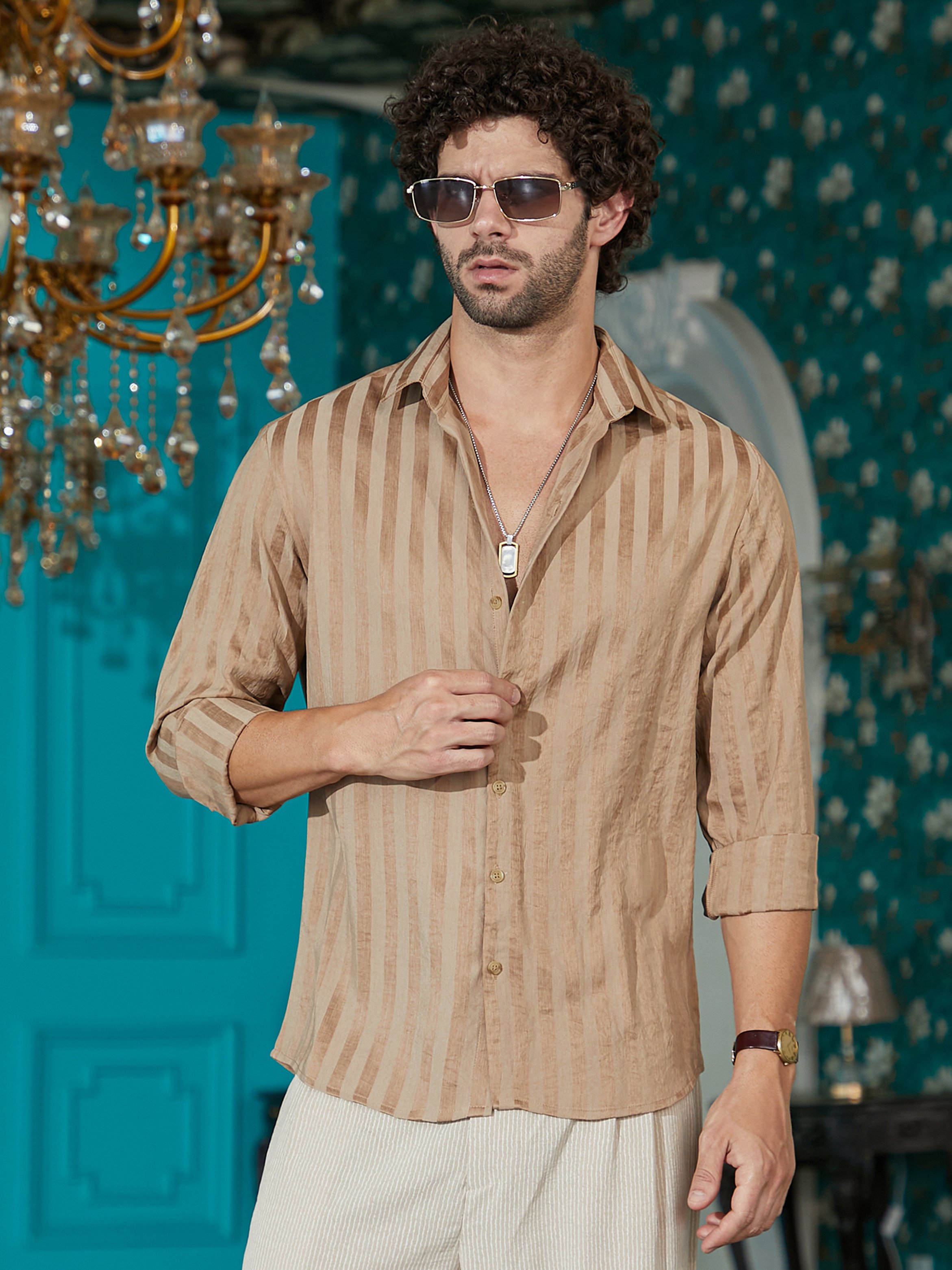 Men Brown Striped Linen Shirt