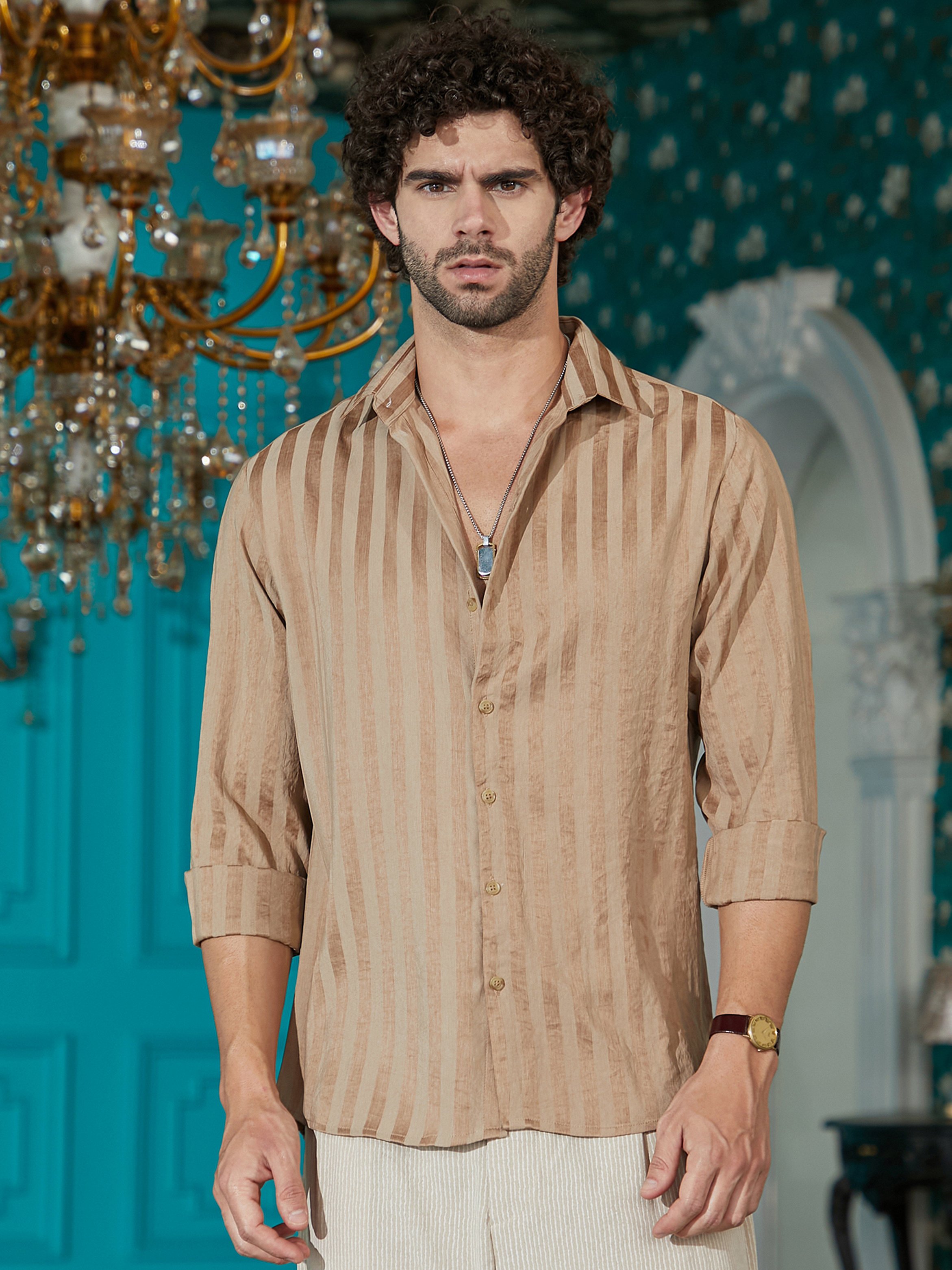 Men Brown Striped Linen Shirt
