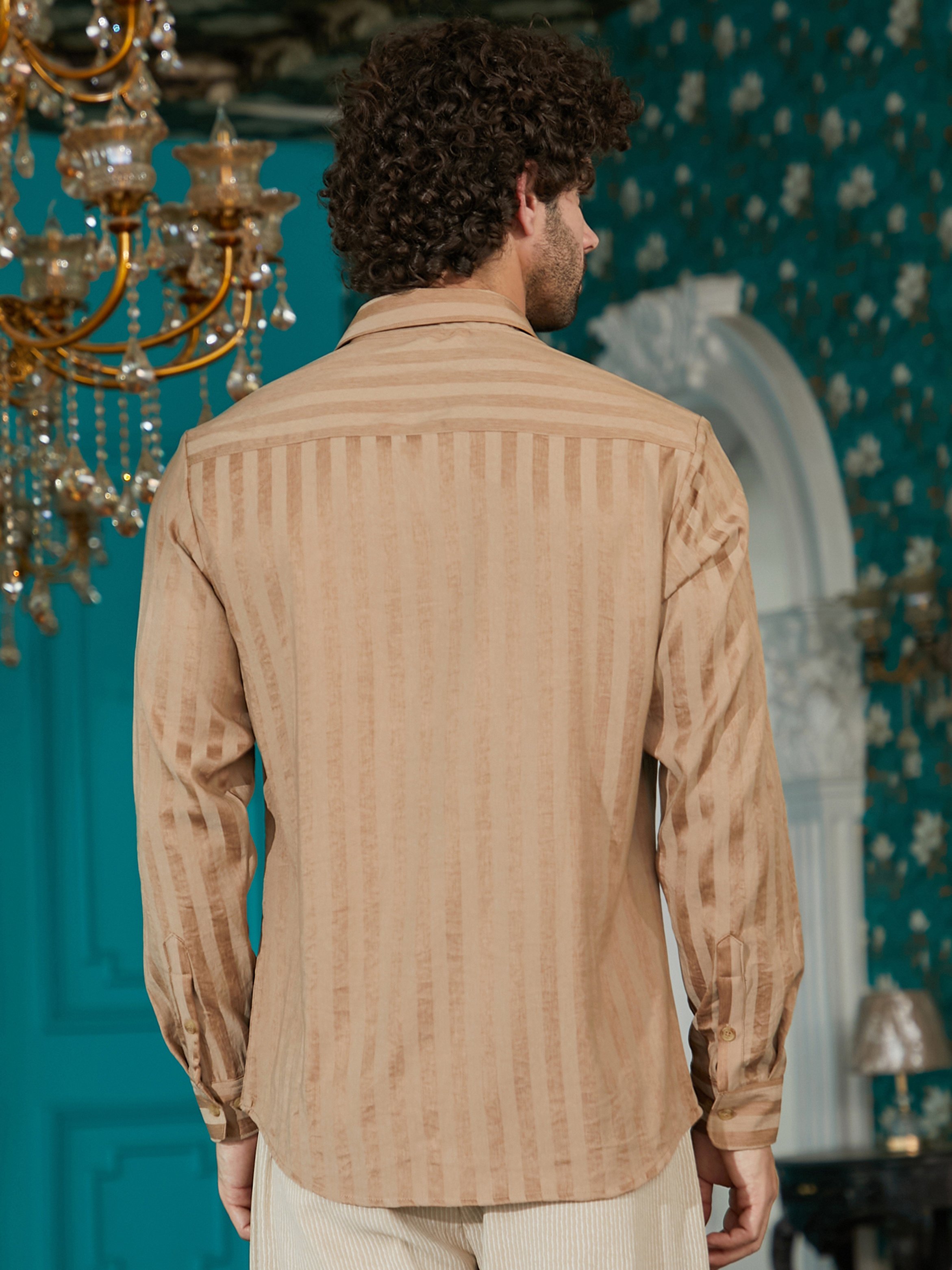 Men Brown Striped Linen Shirt