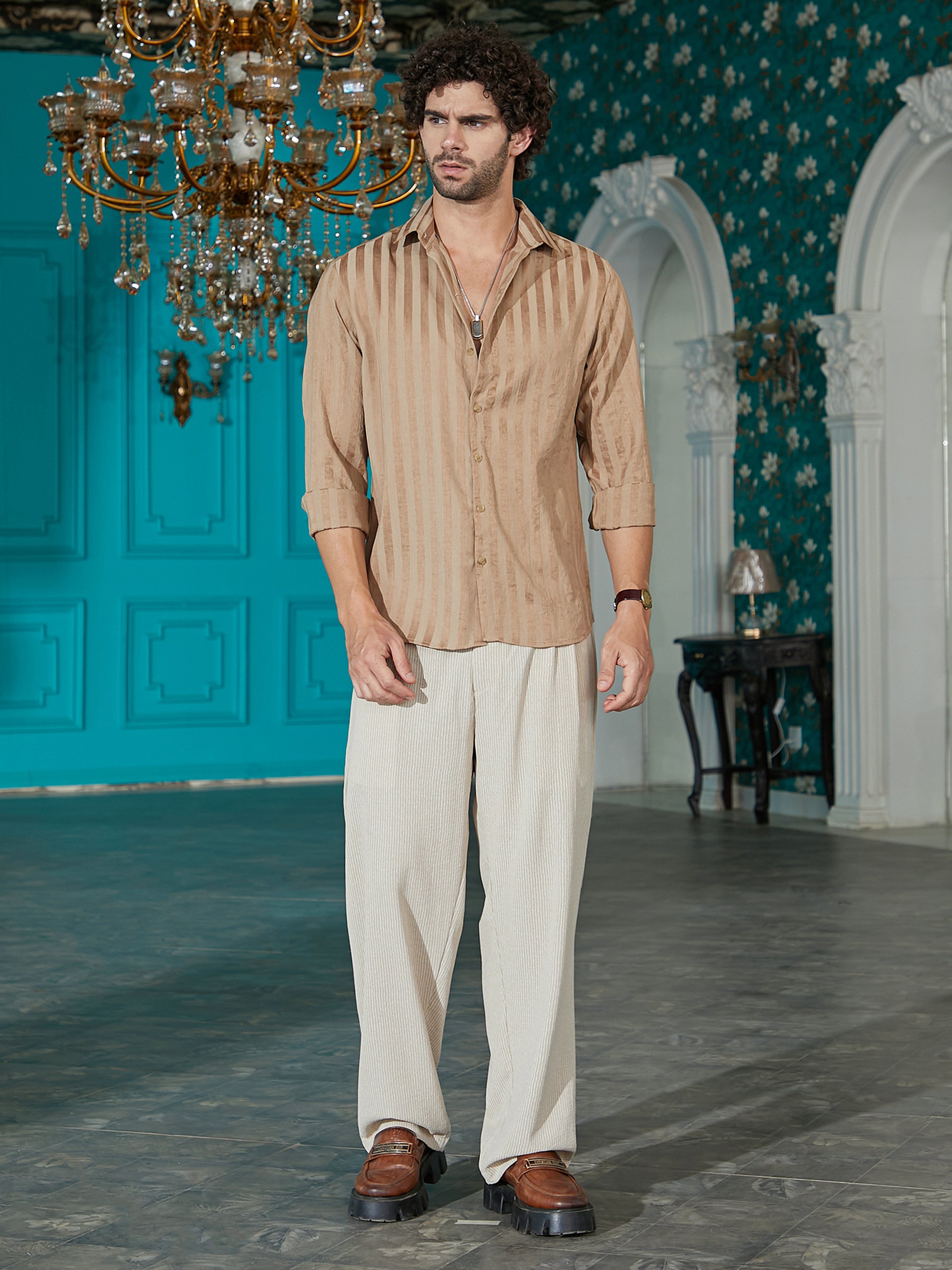 Men Brown Striped Linen Shirt