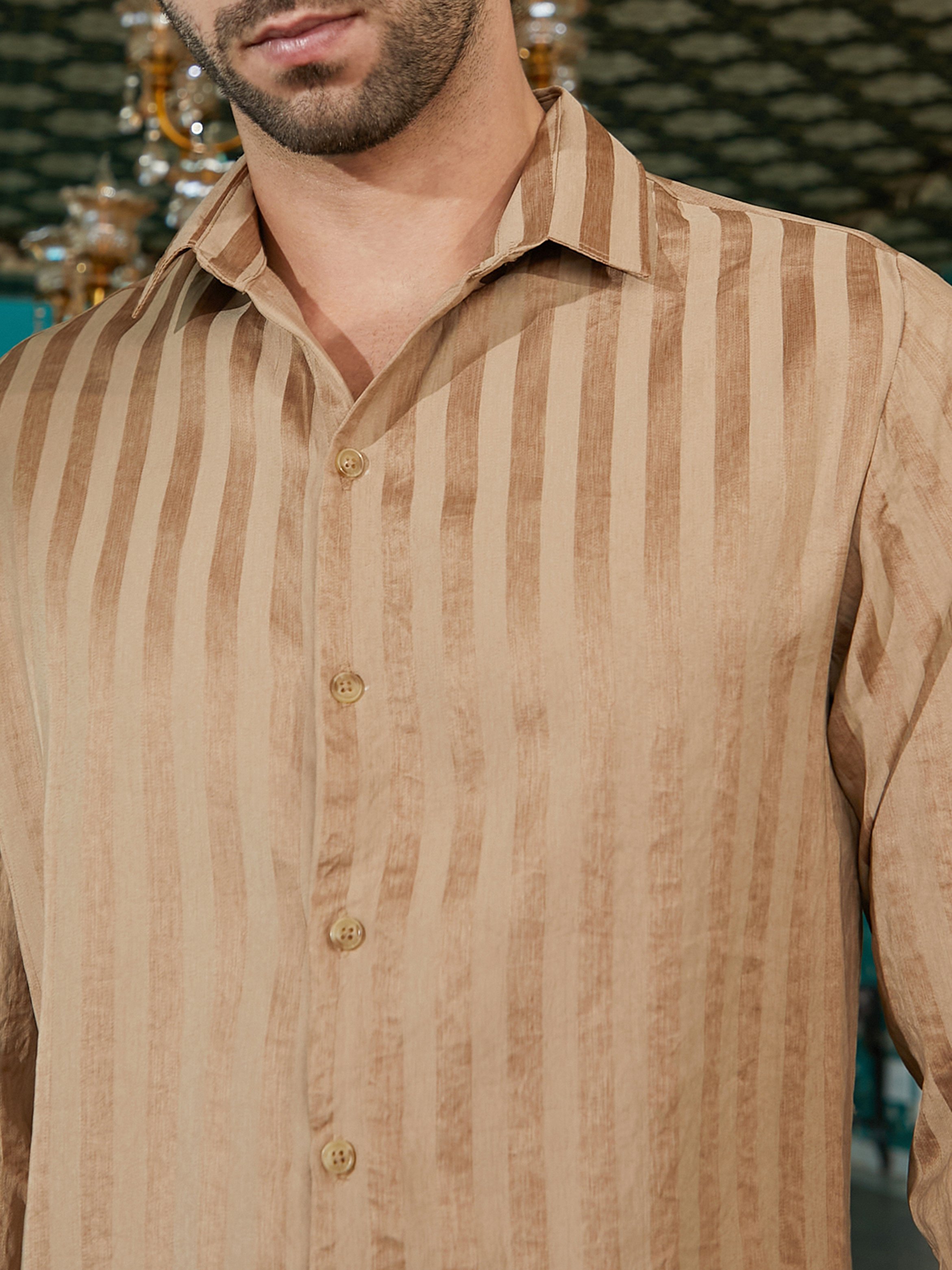 Men Brown Striped Linen Shirt