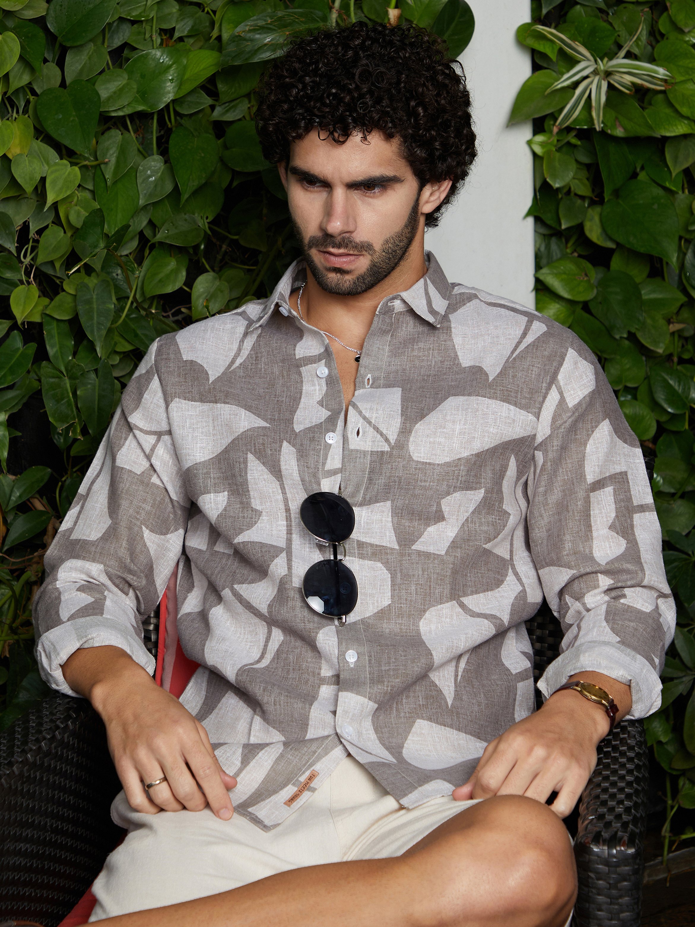 Men Abstract Print Linen Shirt