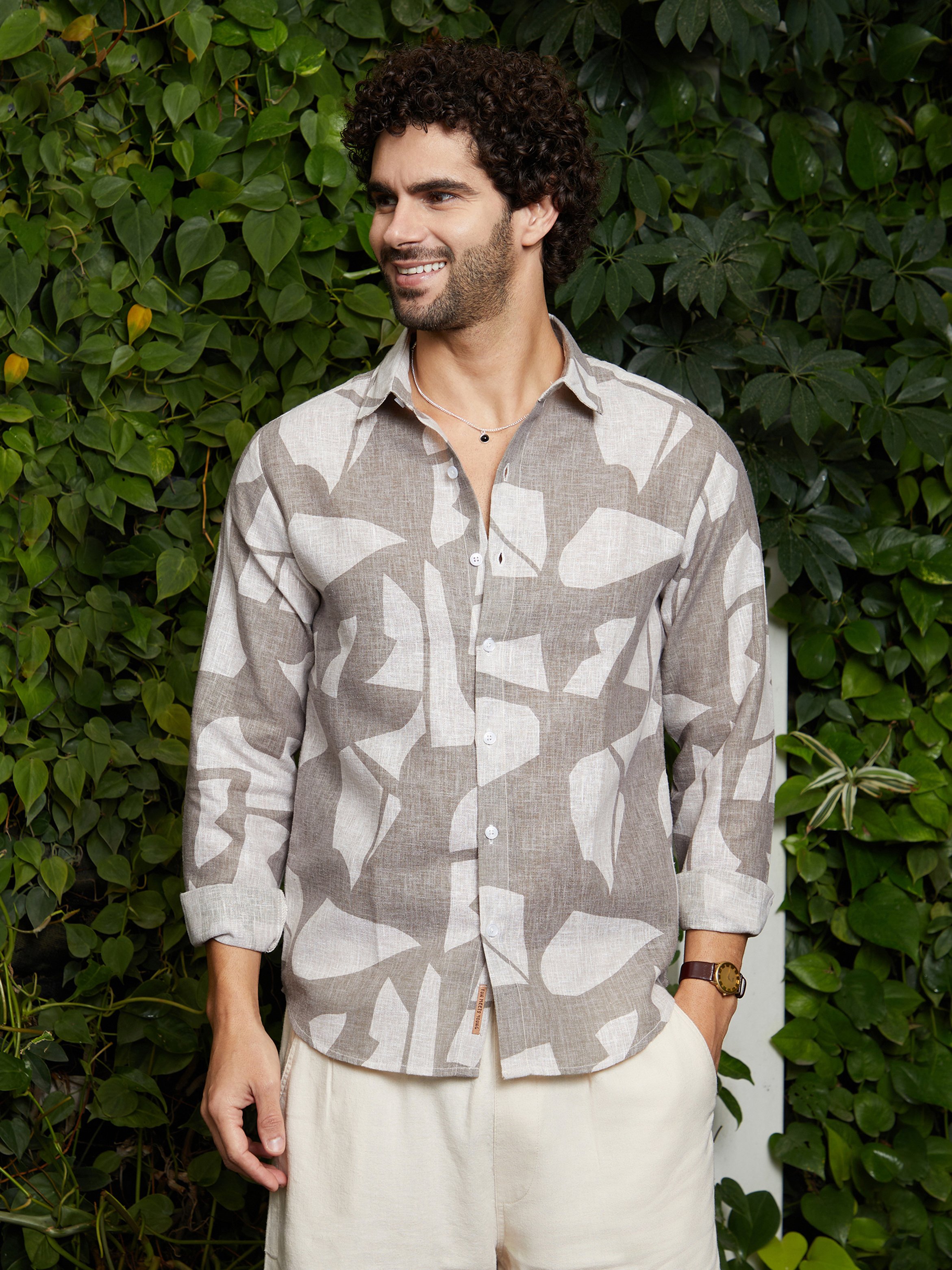 Men Abstract Print Linen Shirt