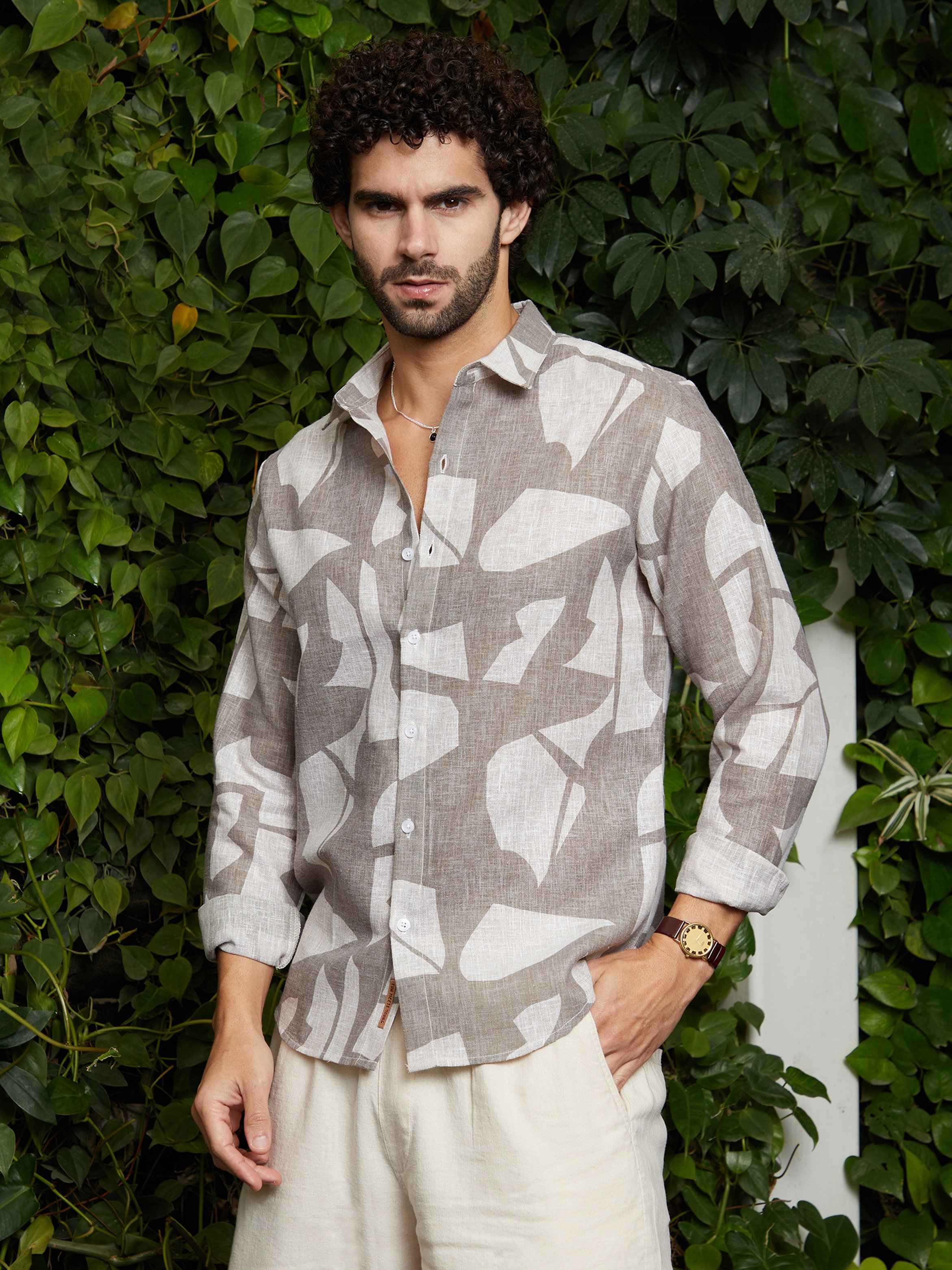 Men Abstract Print Linen Shirt