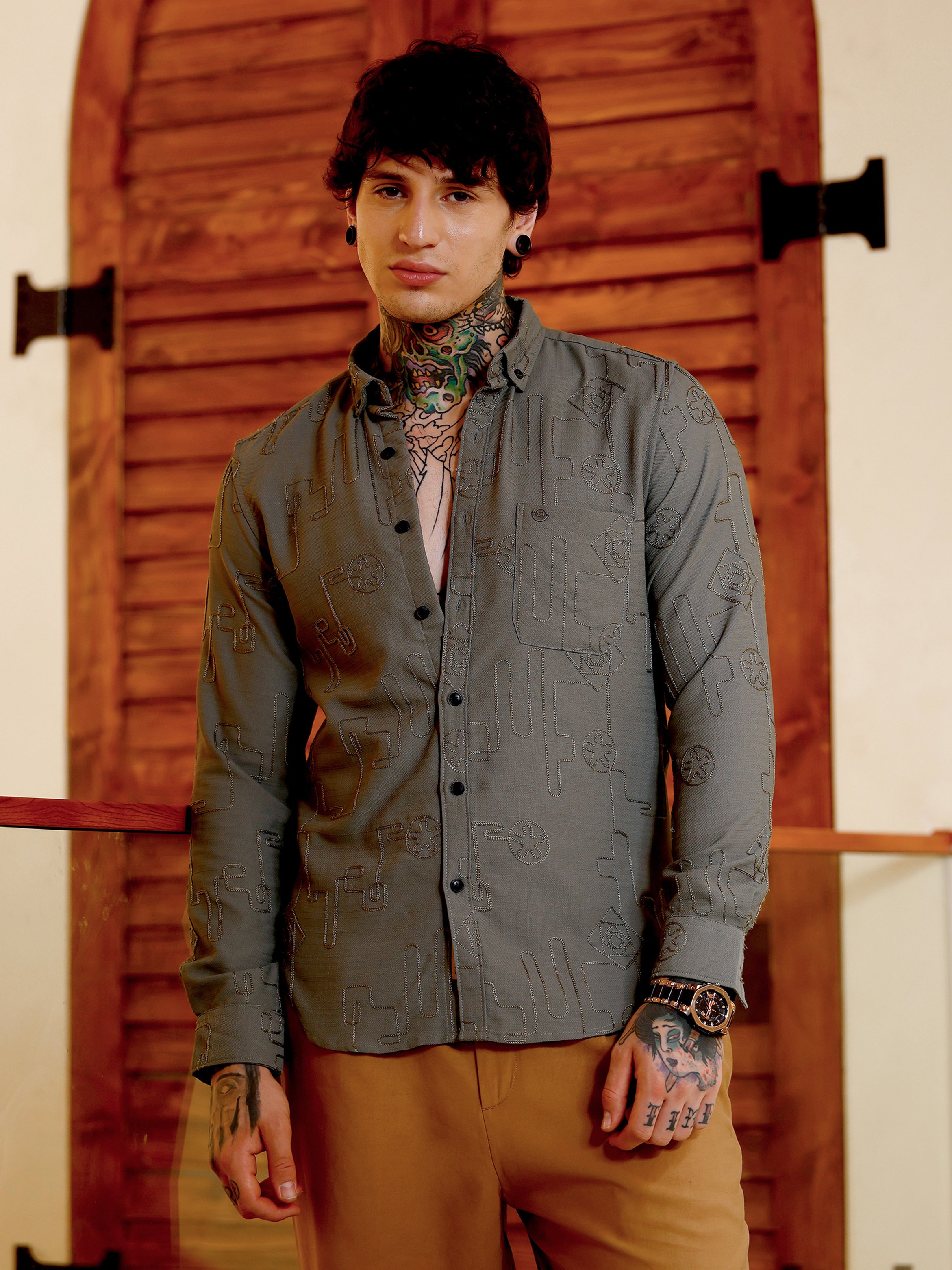 Men Olive Green Textured Regular Shirt