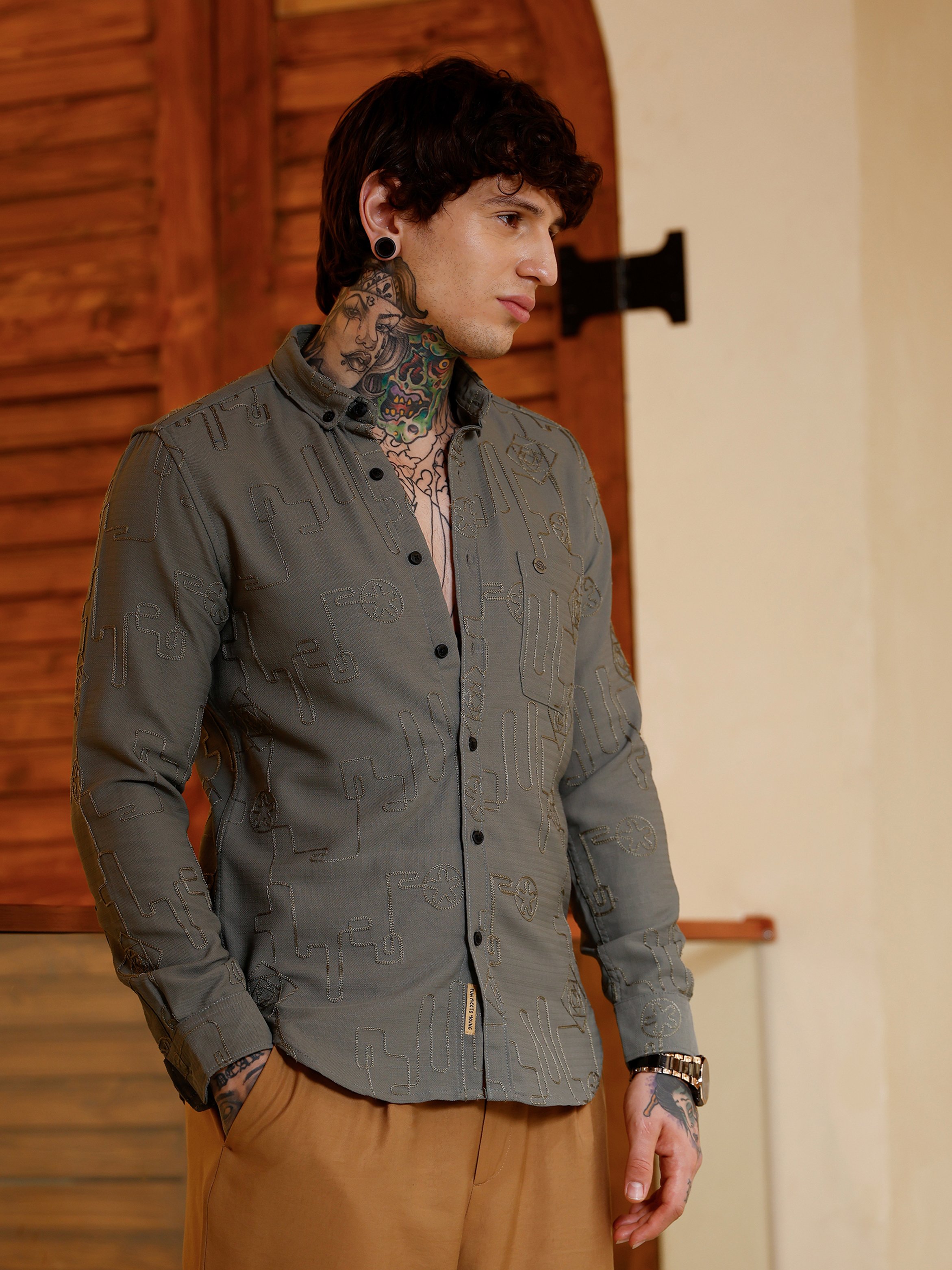 Men Olive Green Textured Regular Shirt