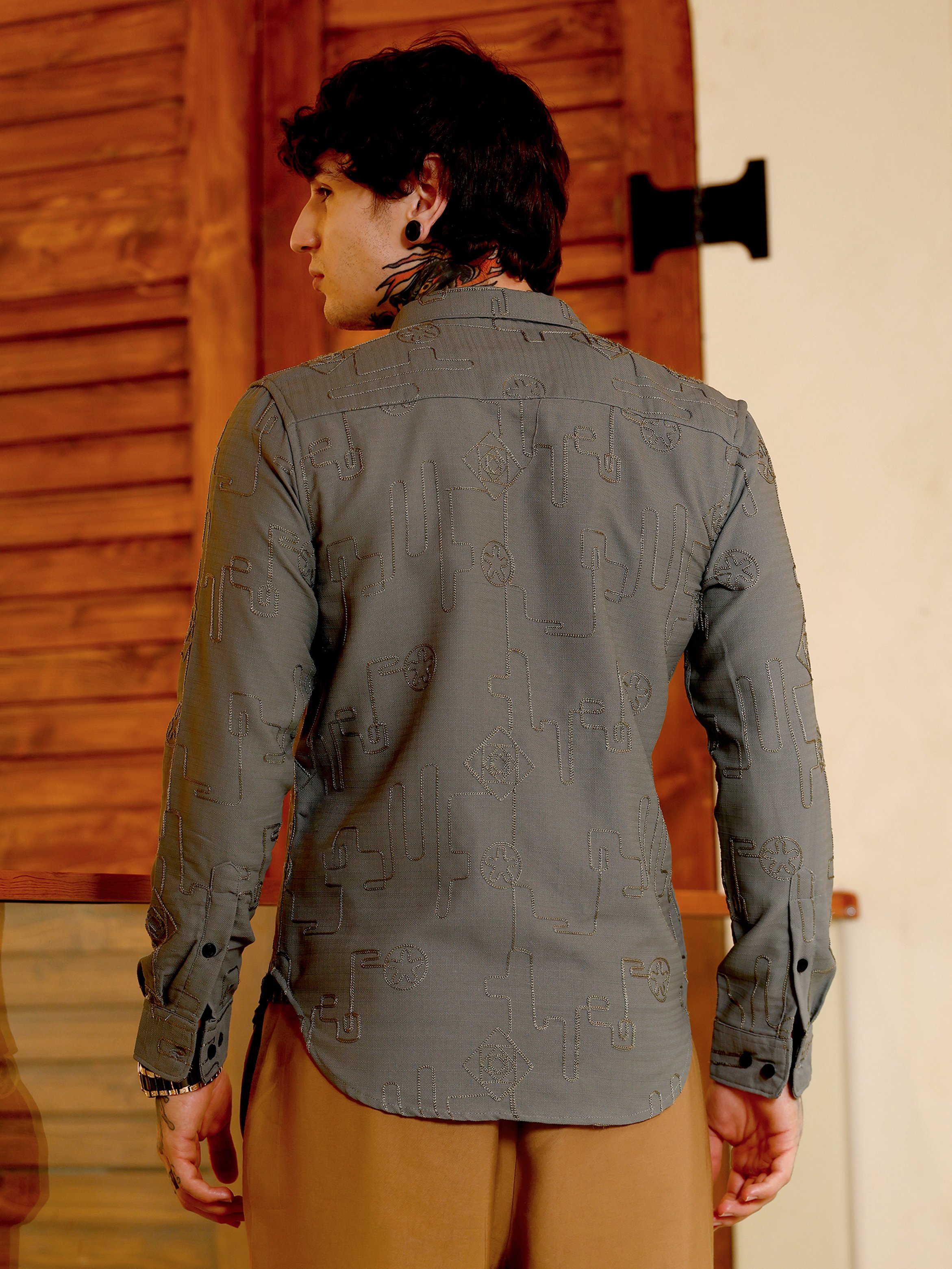 Men Olive Green Textured Regular Shirt