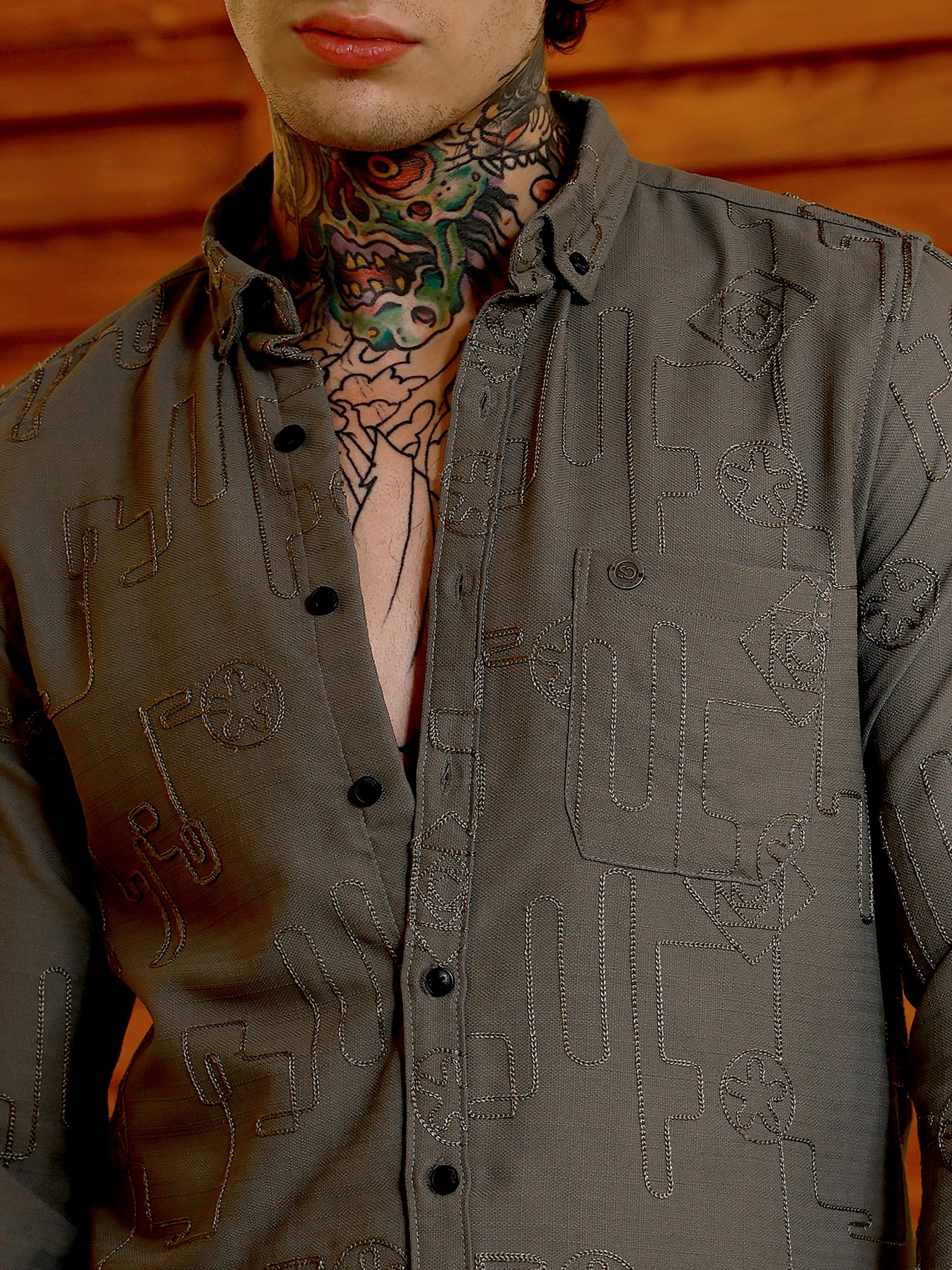 Men Olive Green Textured Regular Shirt