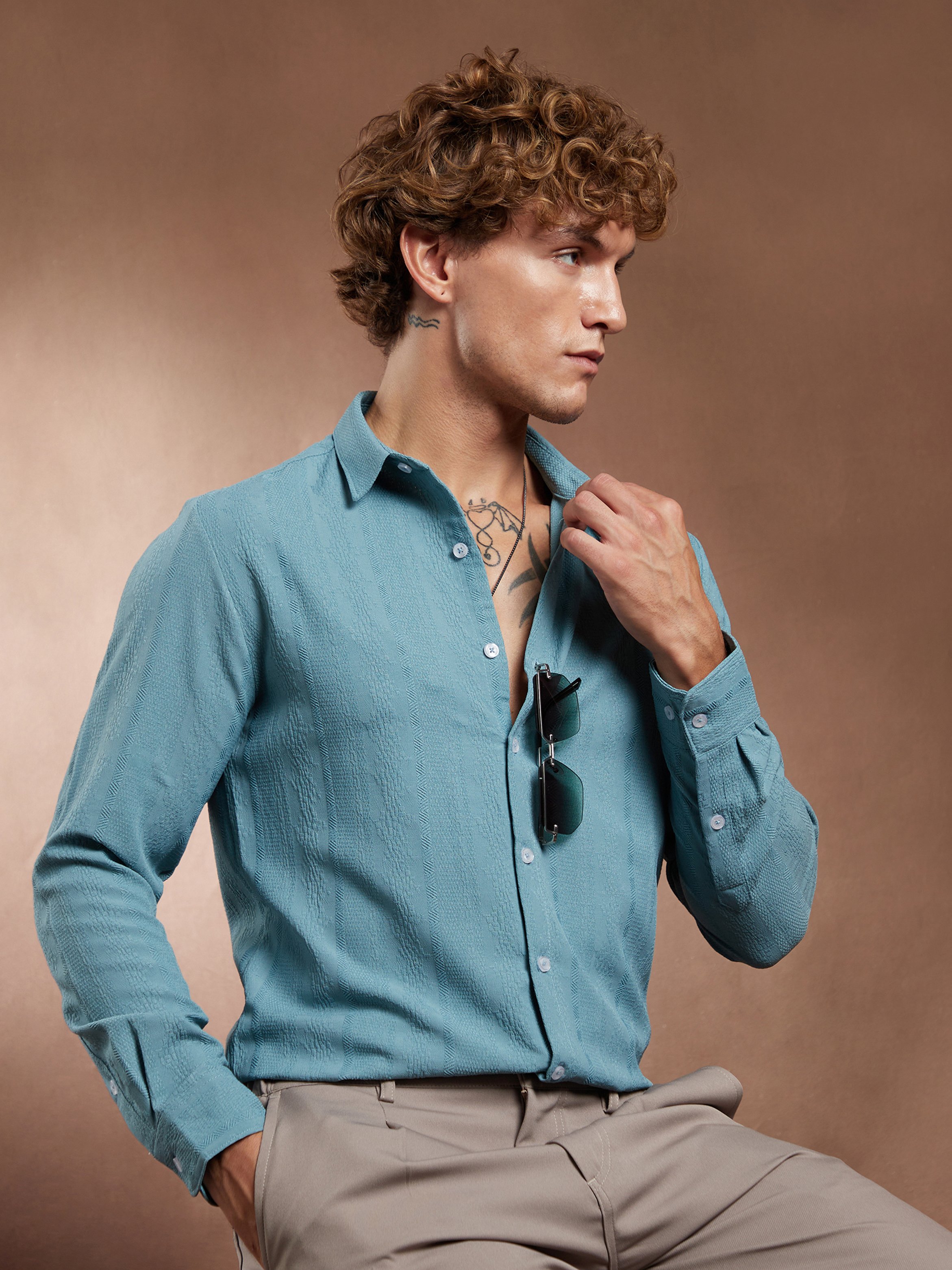 Men Sky Blue Textured Spread Collar Shirt