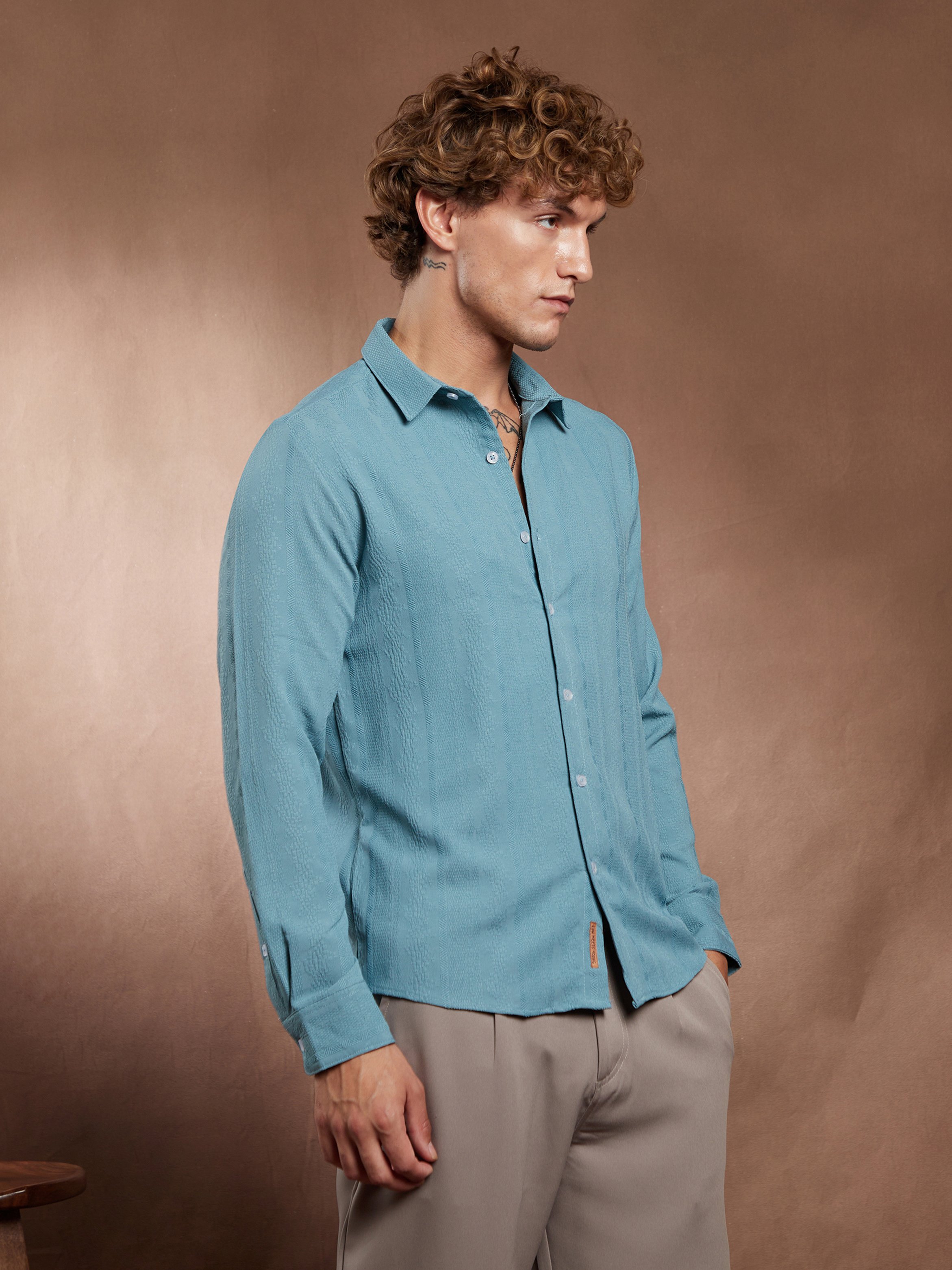Men Sky Blue Textured Spread Collar Shirt