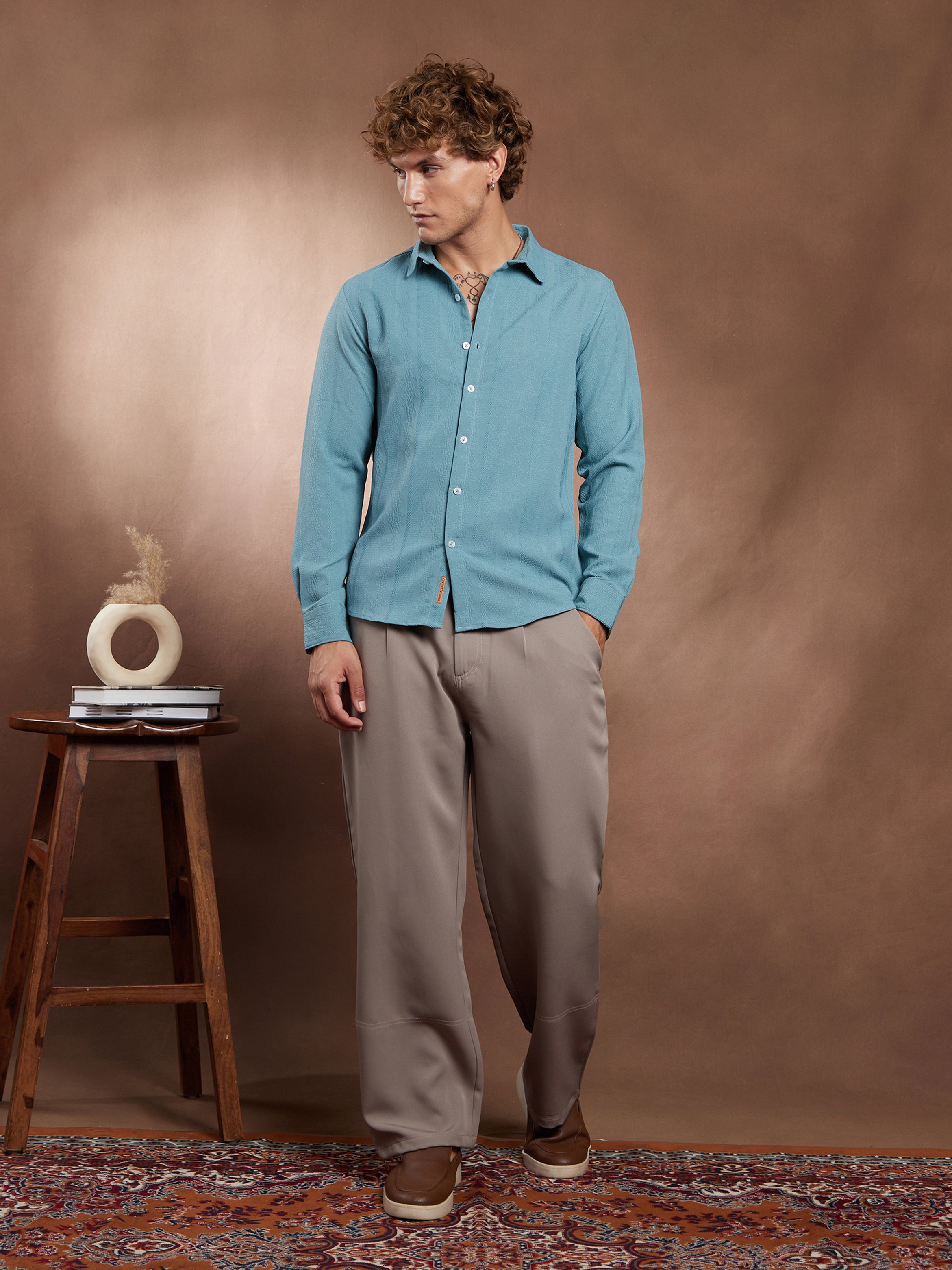 Men Sky Blue Textured Spread Collar Shirt