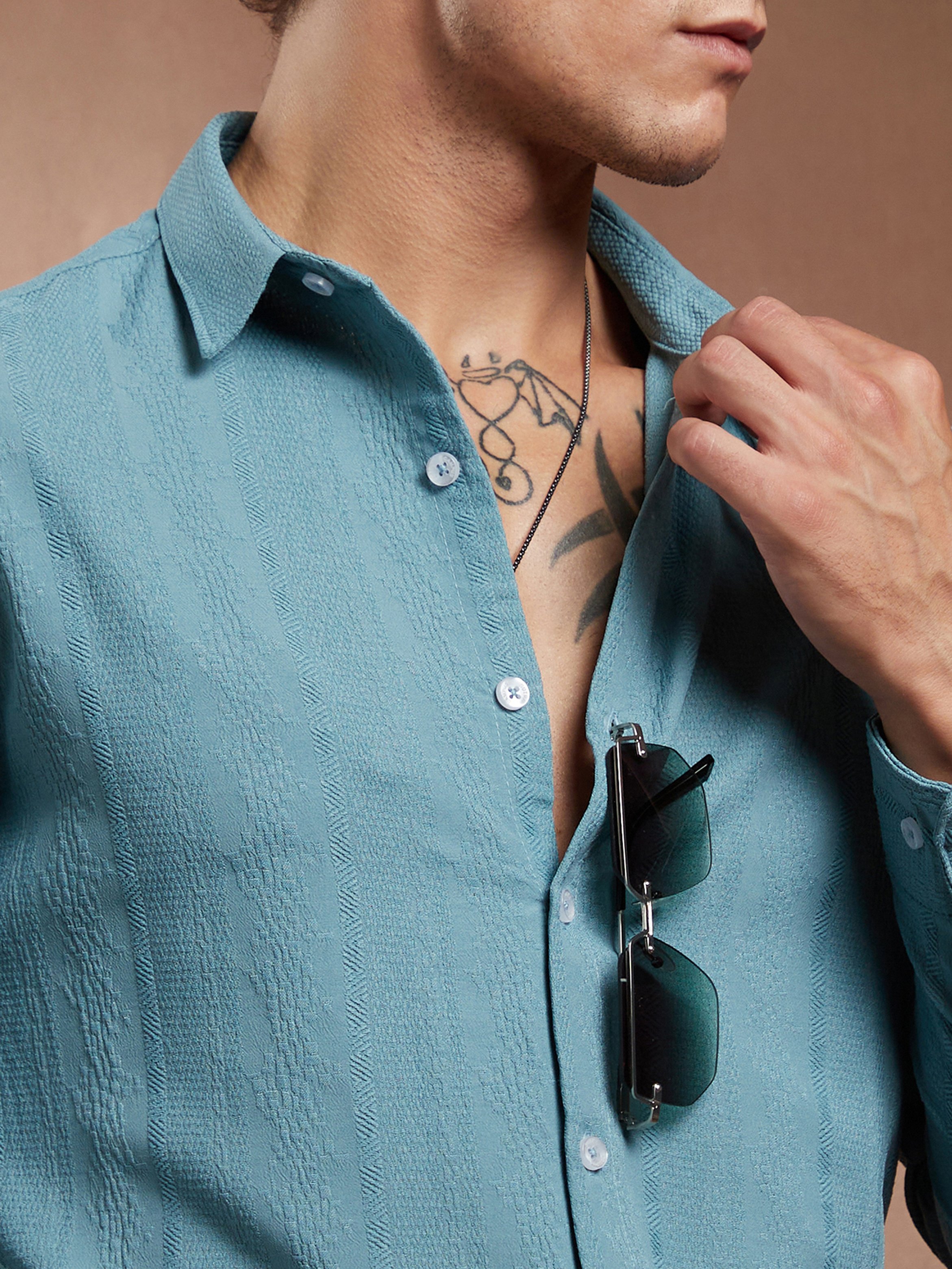 Men Sky Blue Textured Spread Collar Shirt