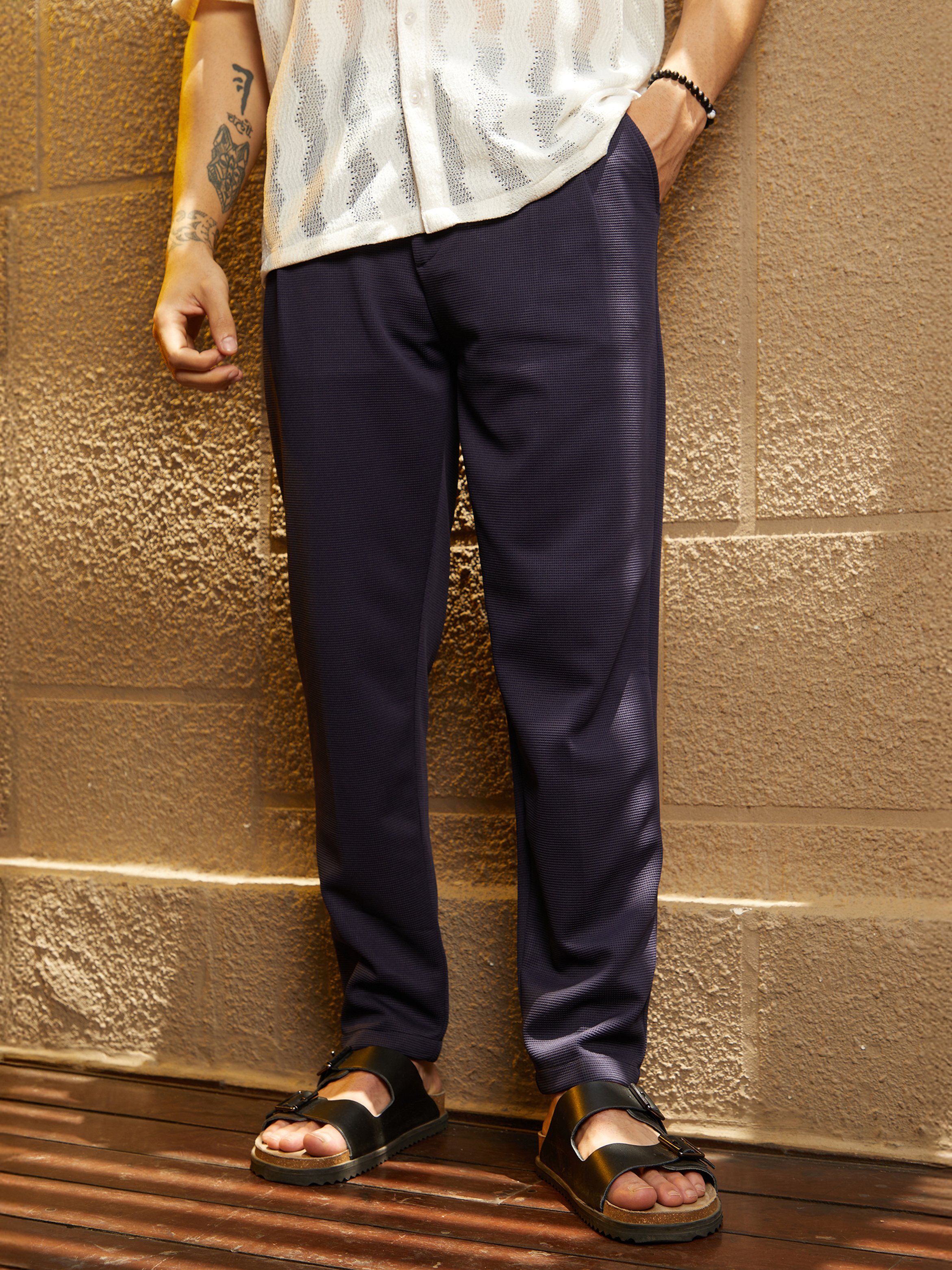 Men Navy Blue Micro-Waffle Chino Trousers