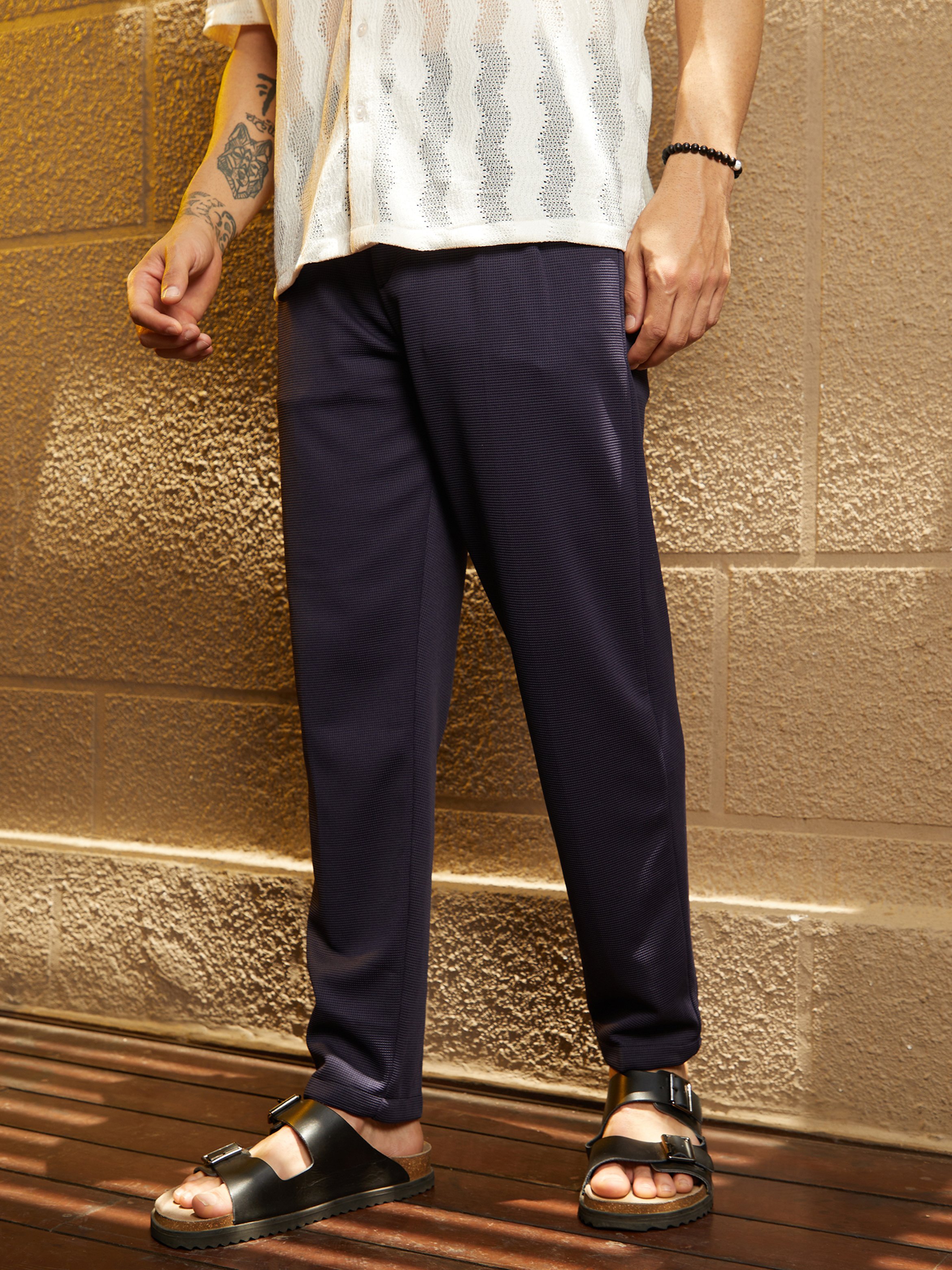 Men Navy Blue Micro-Waffle Chino Trousers