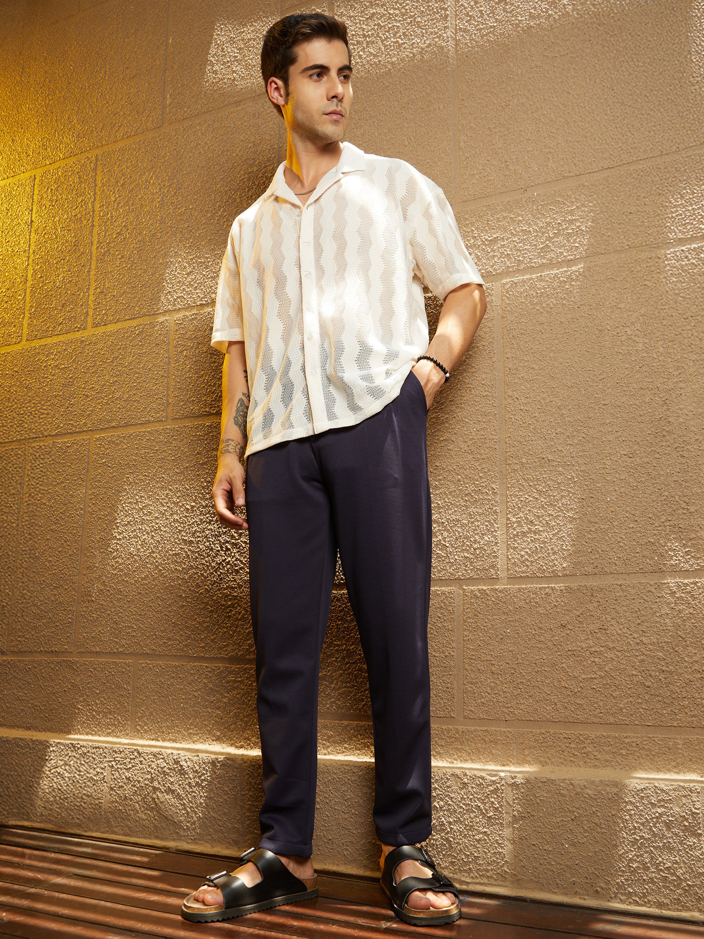 Men Navy Blue Micro-Waffle Chino Trousers
