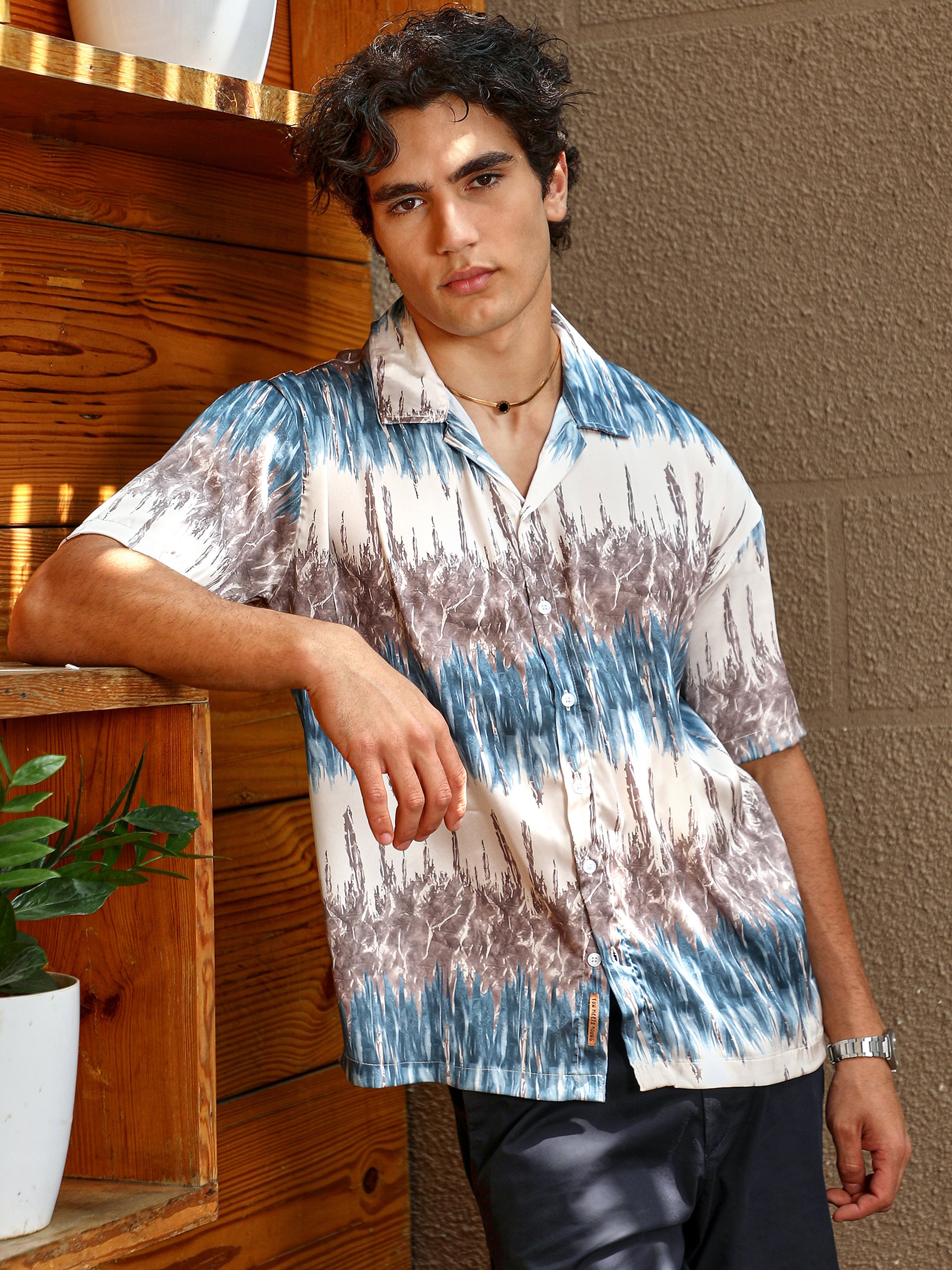 Men Printed Satin Oversized Shirt