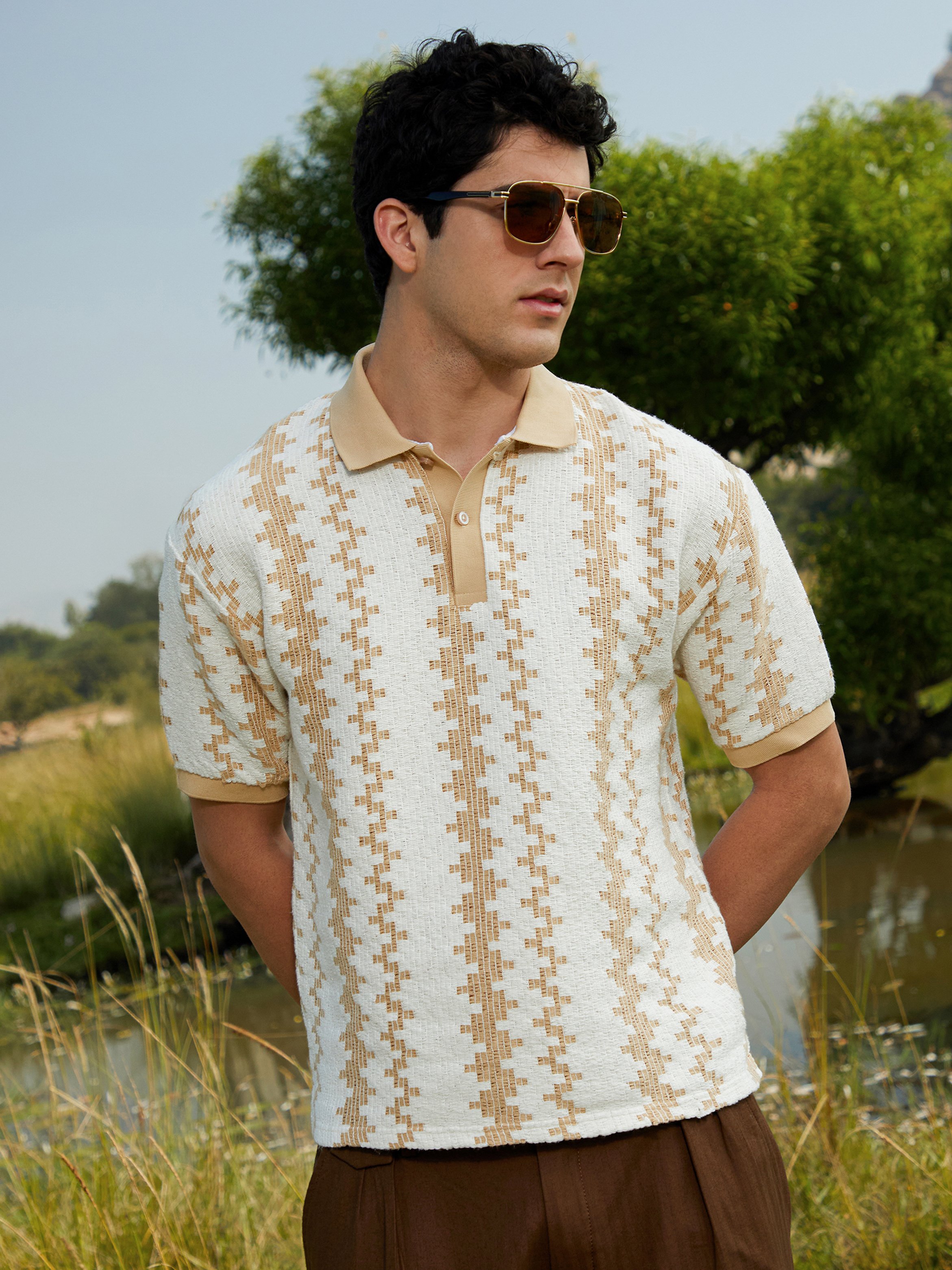 Men Striped Textured Short Sleeve Polo 