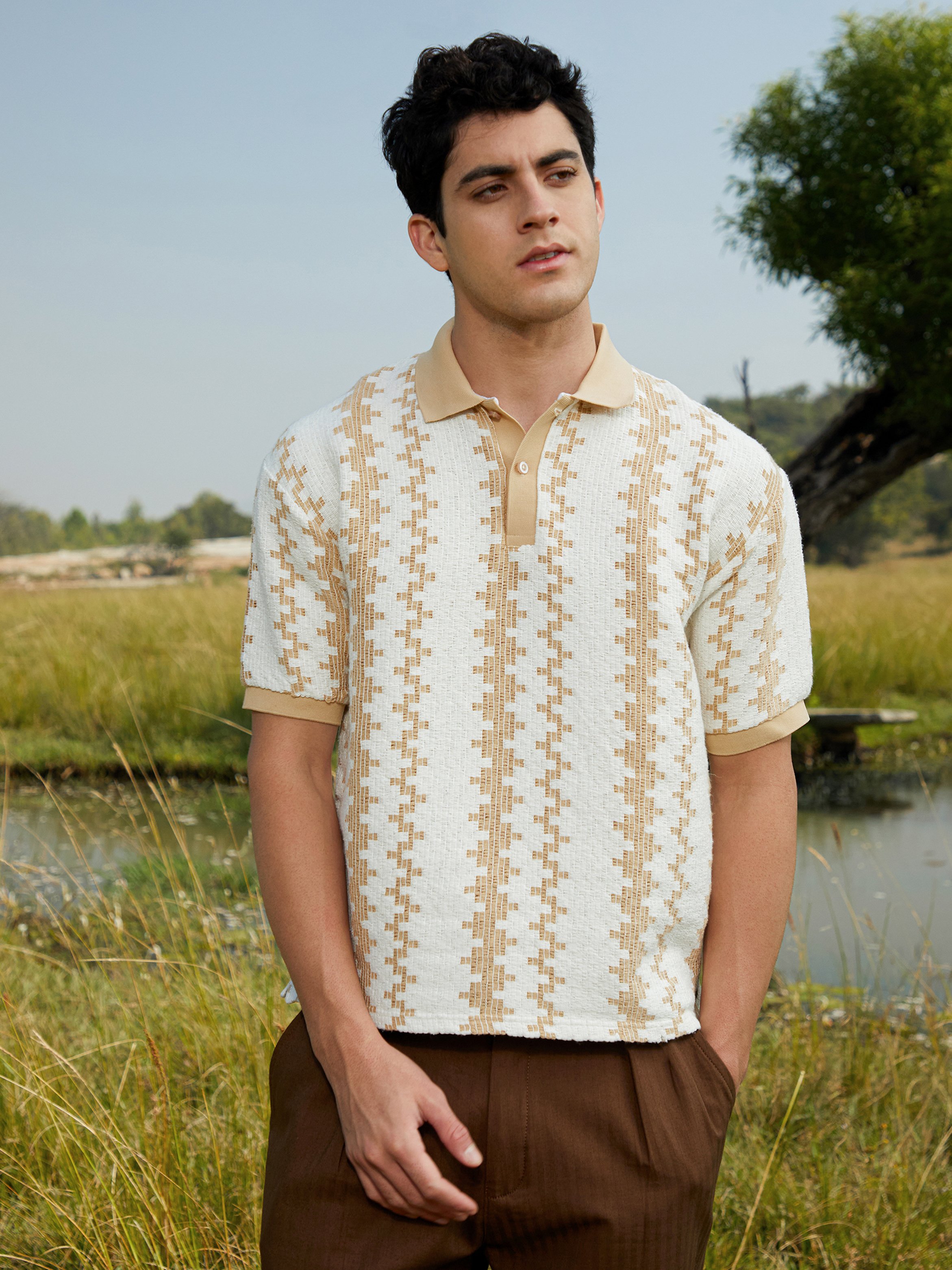 Men Striped Textured Short Sleeve Polo 