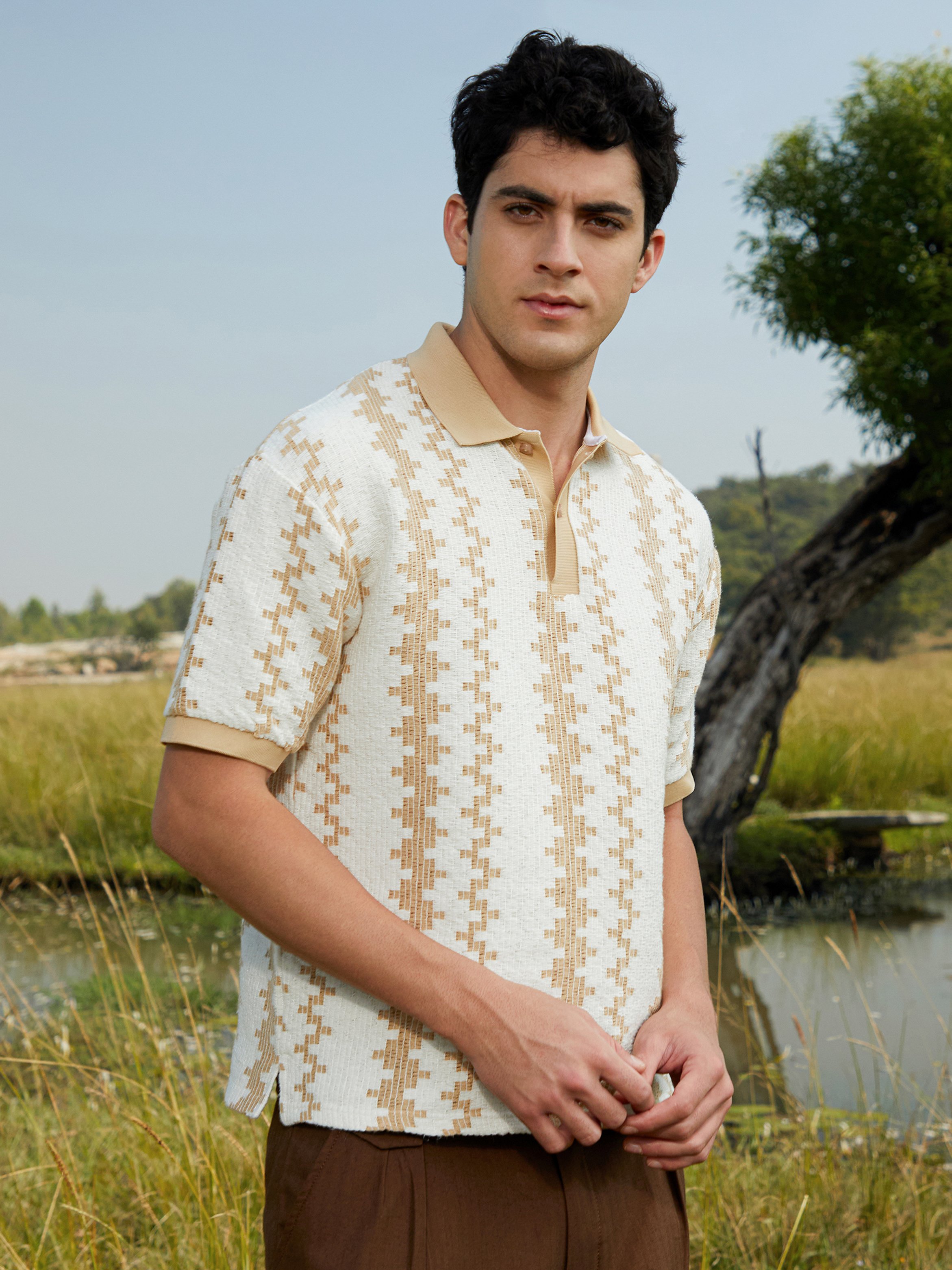 Men Striped Textured Short Sleeve Polo 