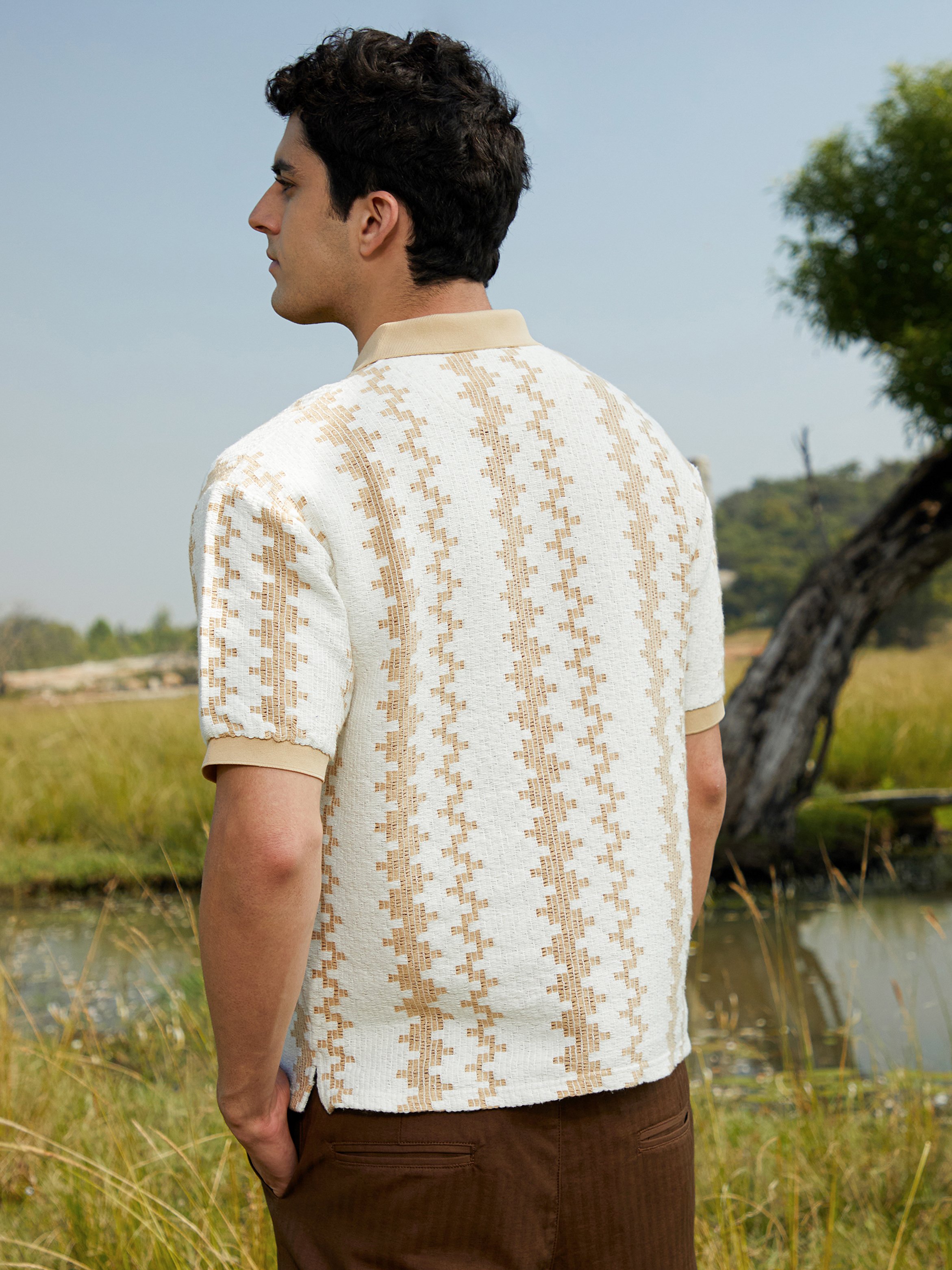 Men Striped Textured Short Sleeve Polo 