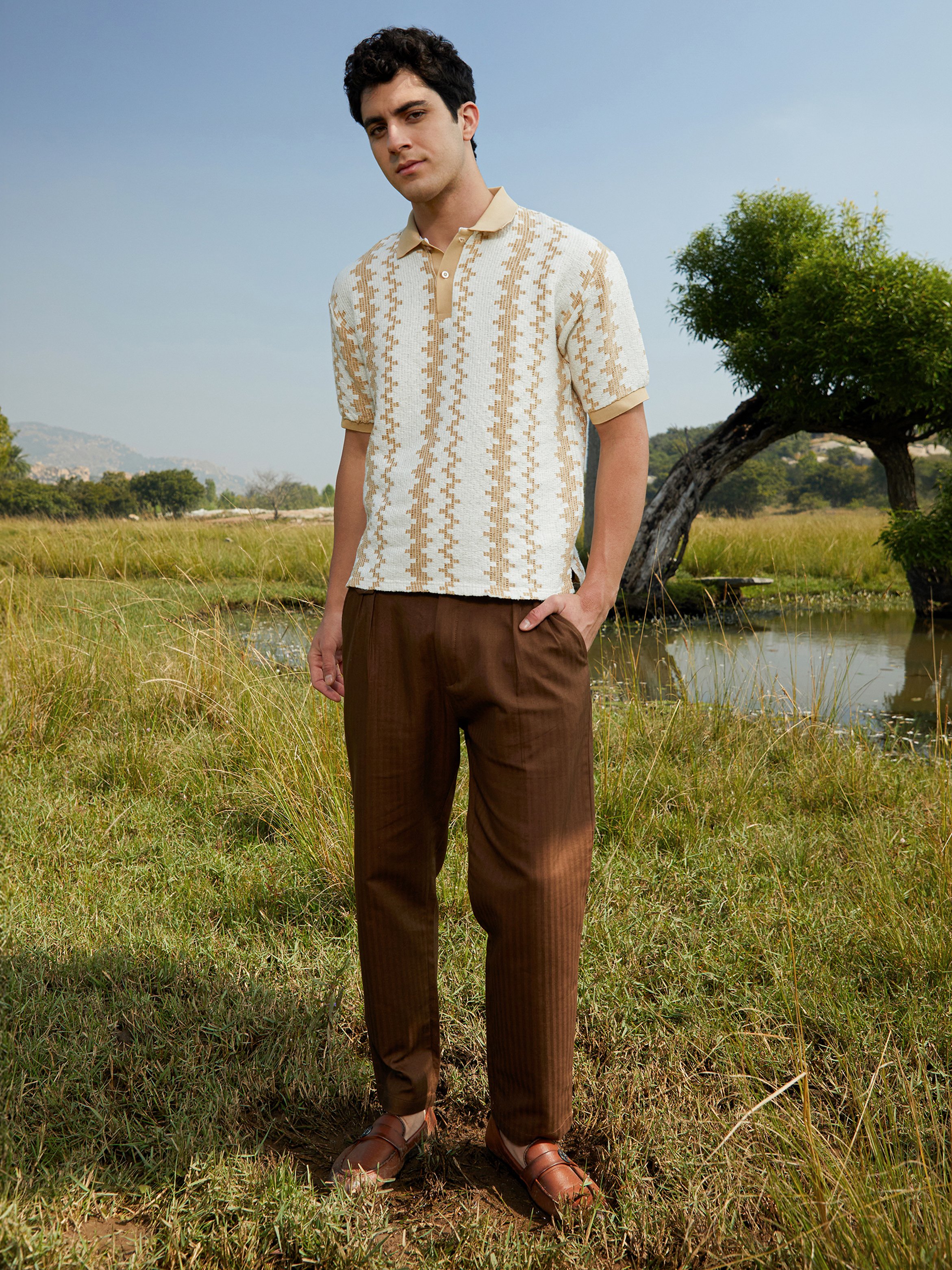 Men Striped Textured Short Sleeve Polo 
