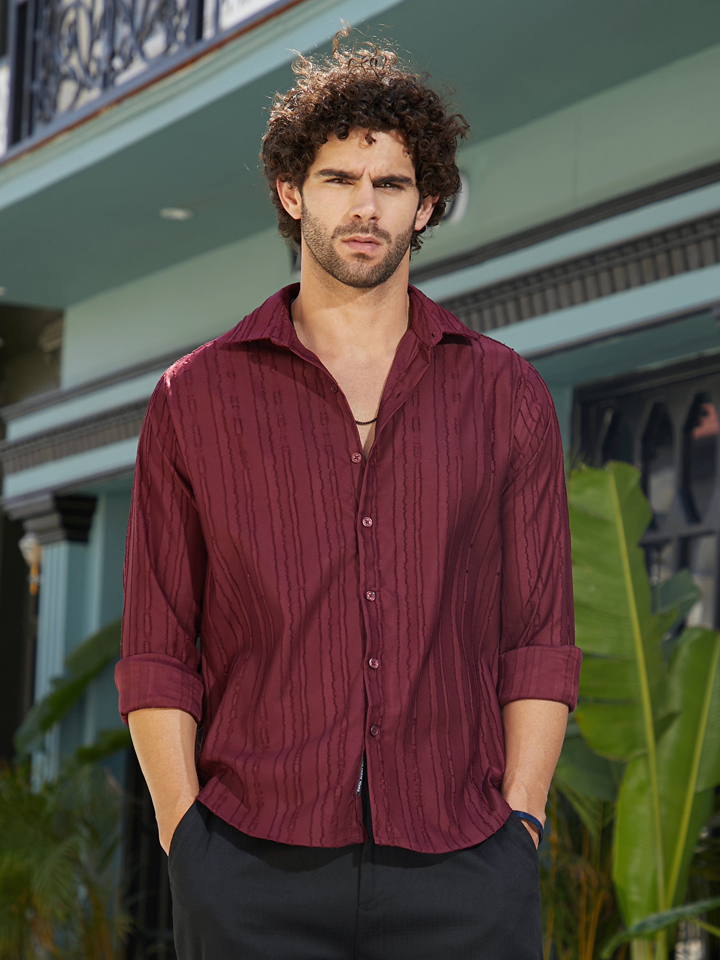 Men Wine Red Ripple-Edge Shirt