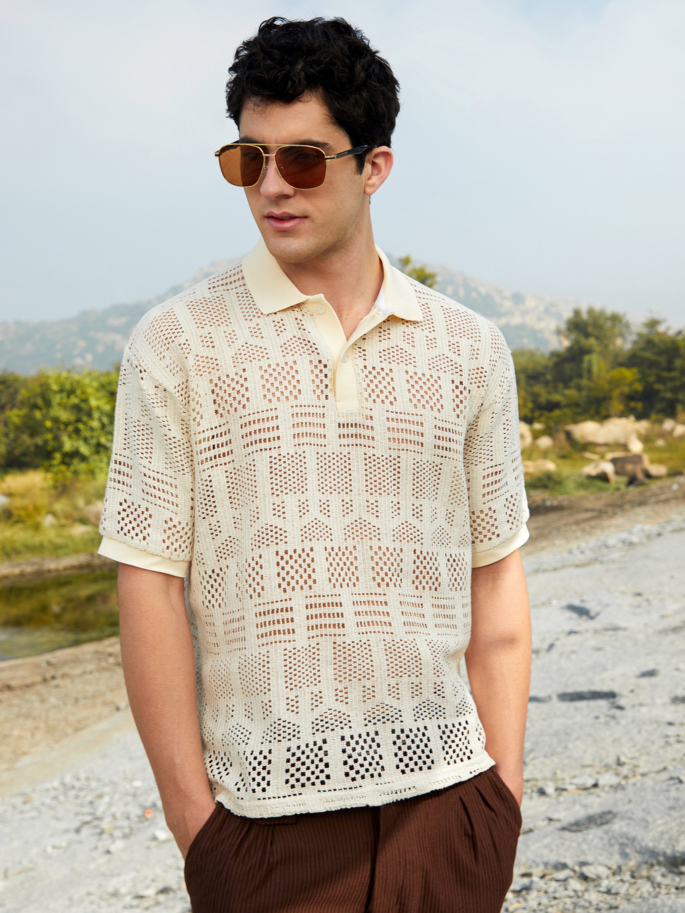 Men Beige Textured Oversized Polo