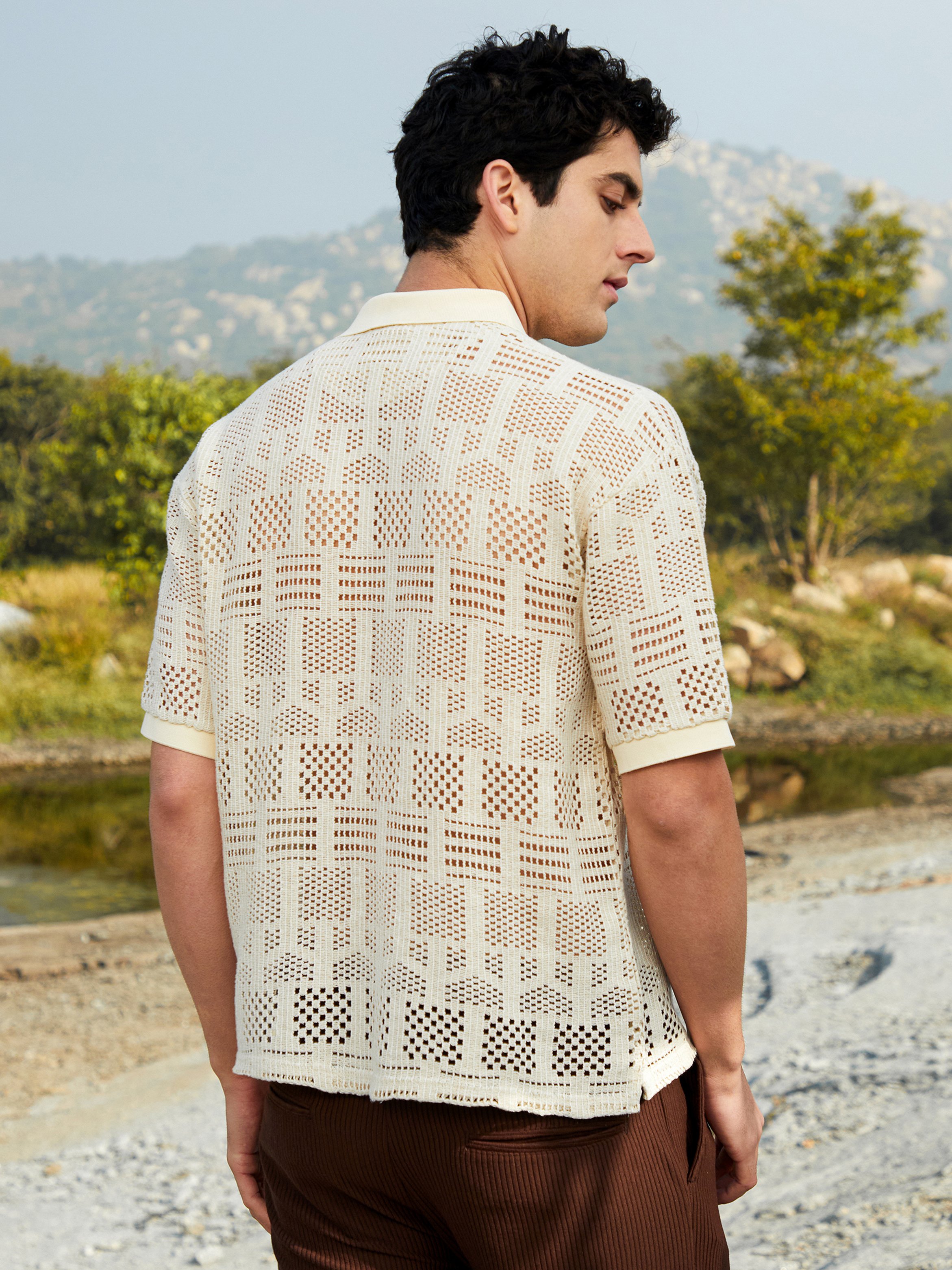 Men Beige Textured Oversized Polo