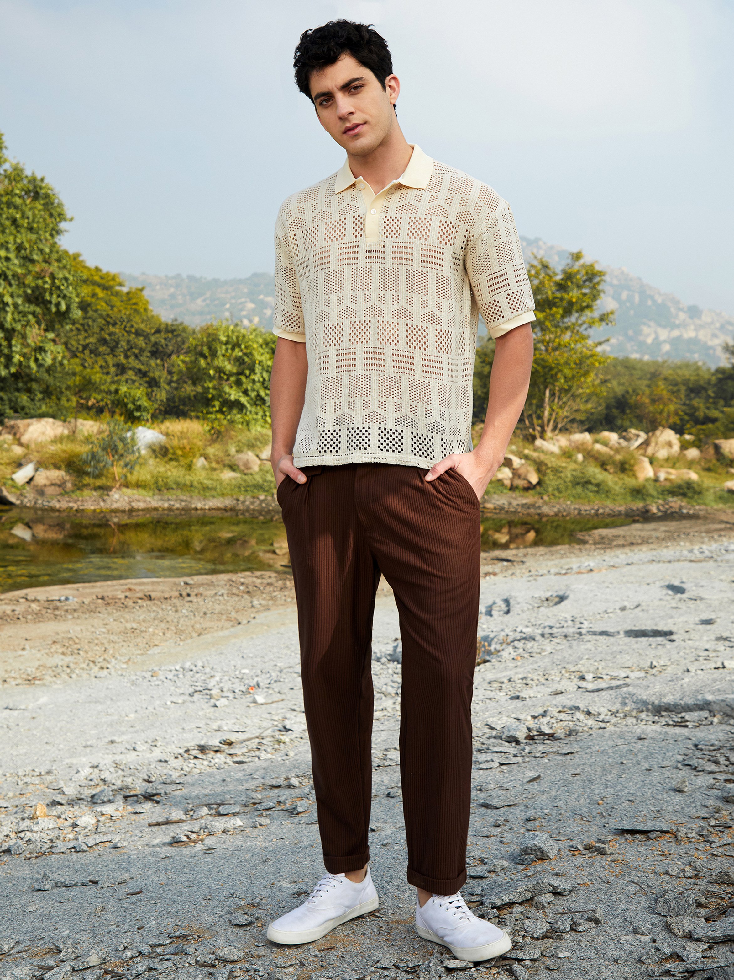 Men Beige Textured Oversized Polo