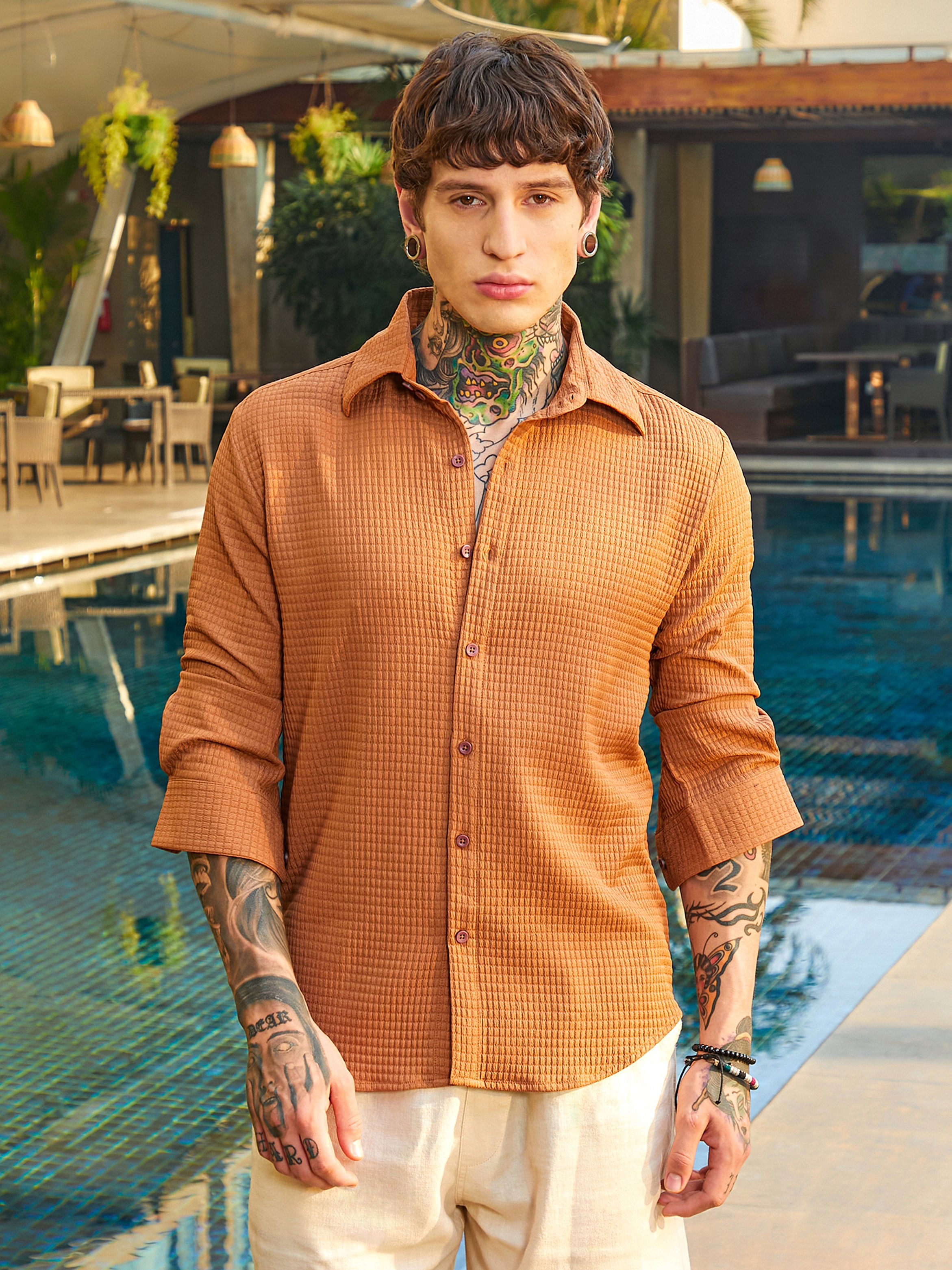 Men Burnt Sienna Grid-Textured Shirt