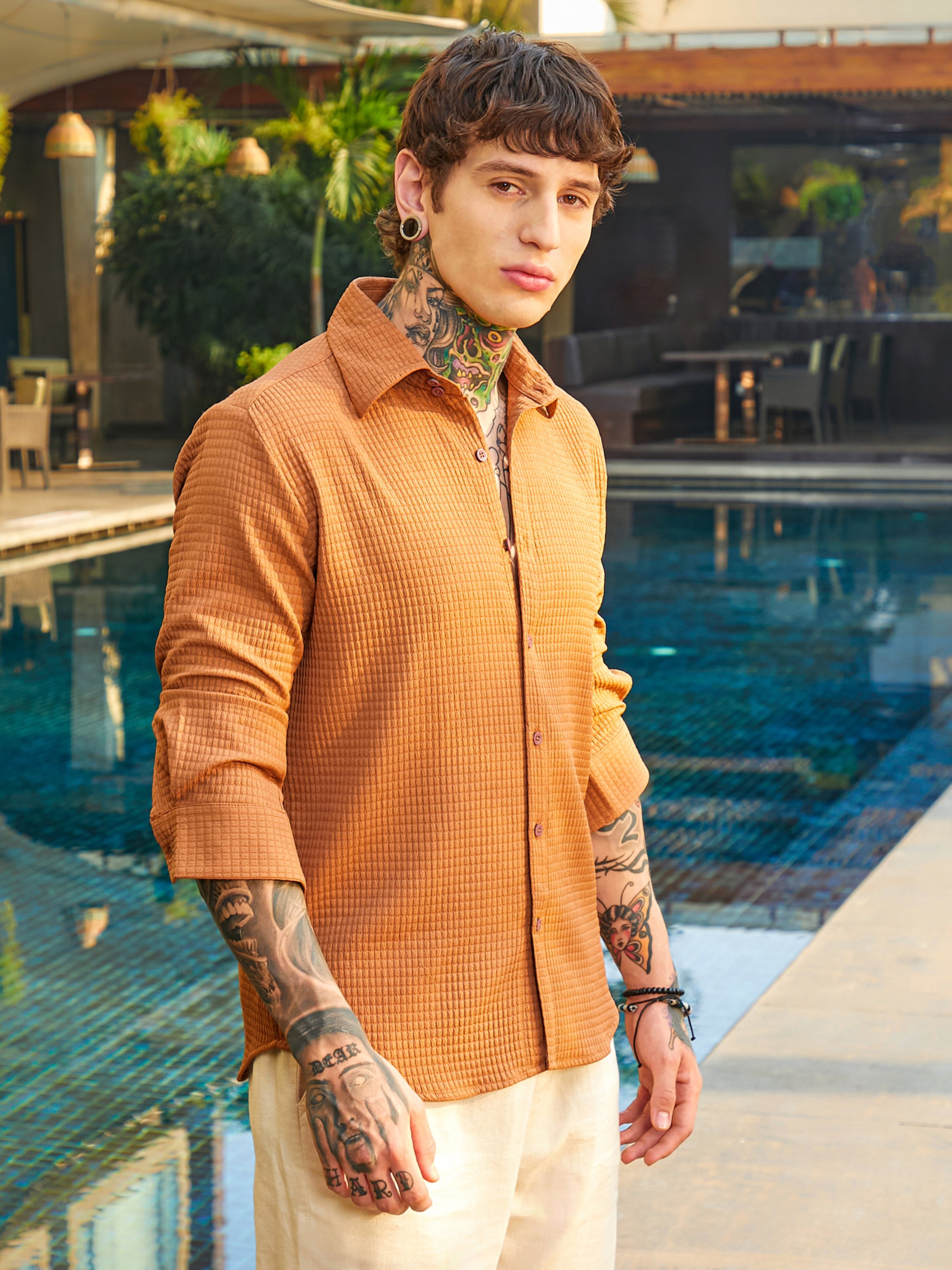 Men Burnt Sienna Grid-Textured Shirt
