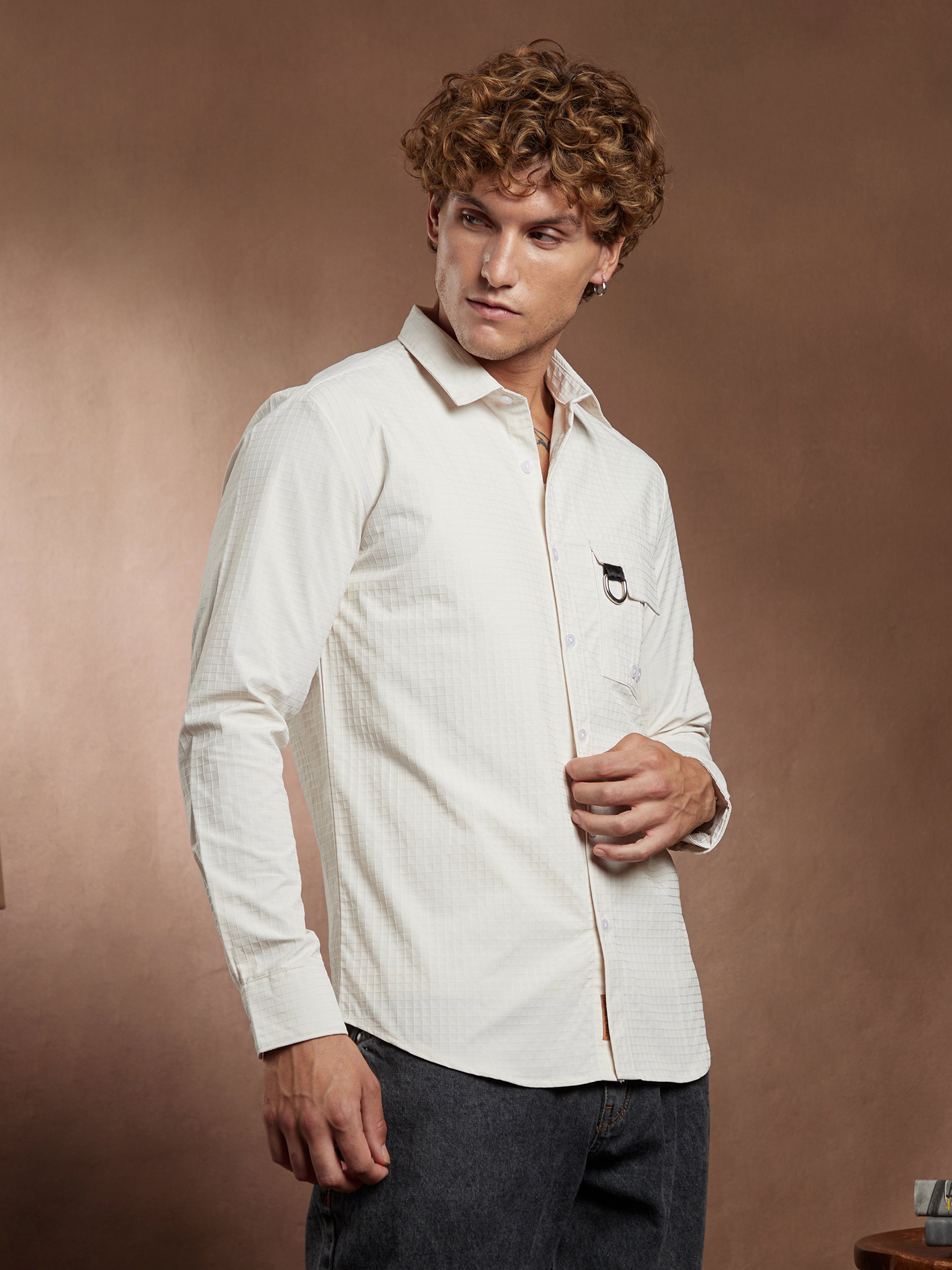 Men White Textured Utility Shirt