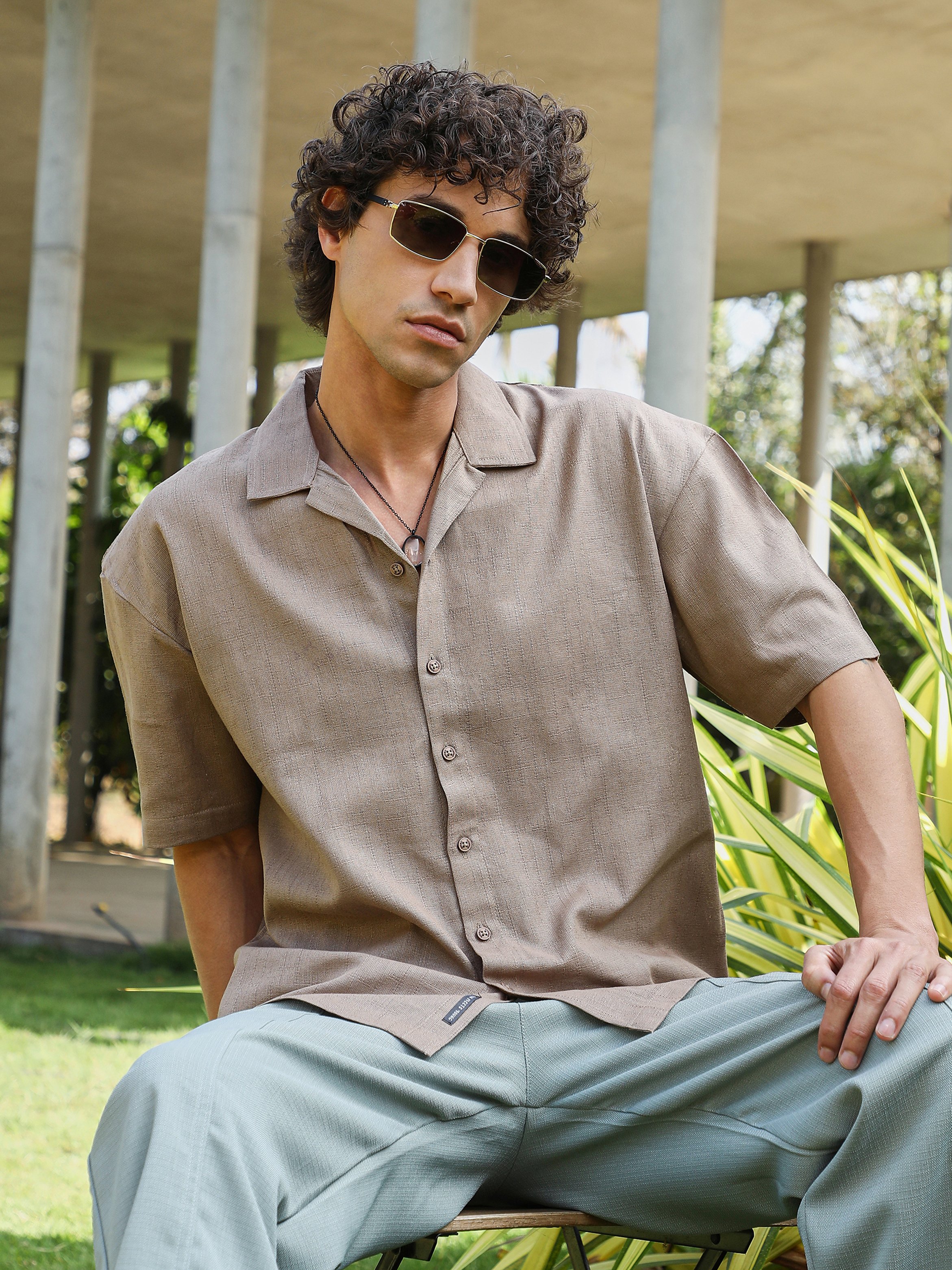 Men Brown Solid Resort Oversized Shirt