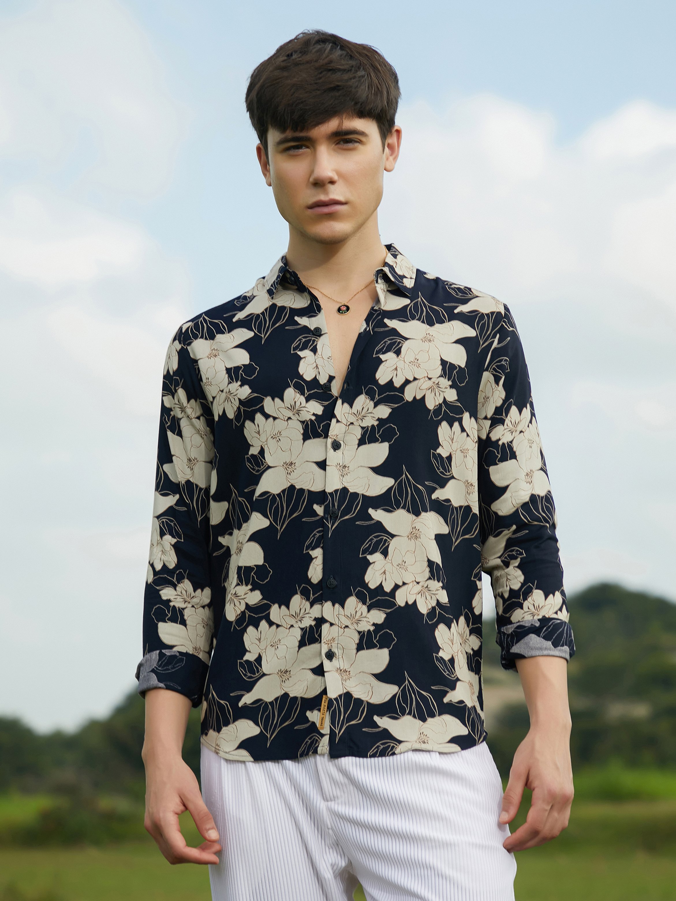 Men Black Floral Print Shirt