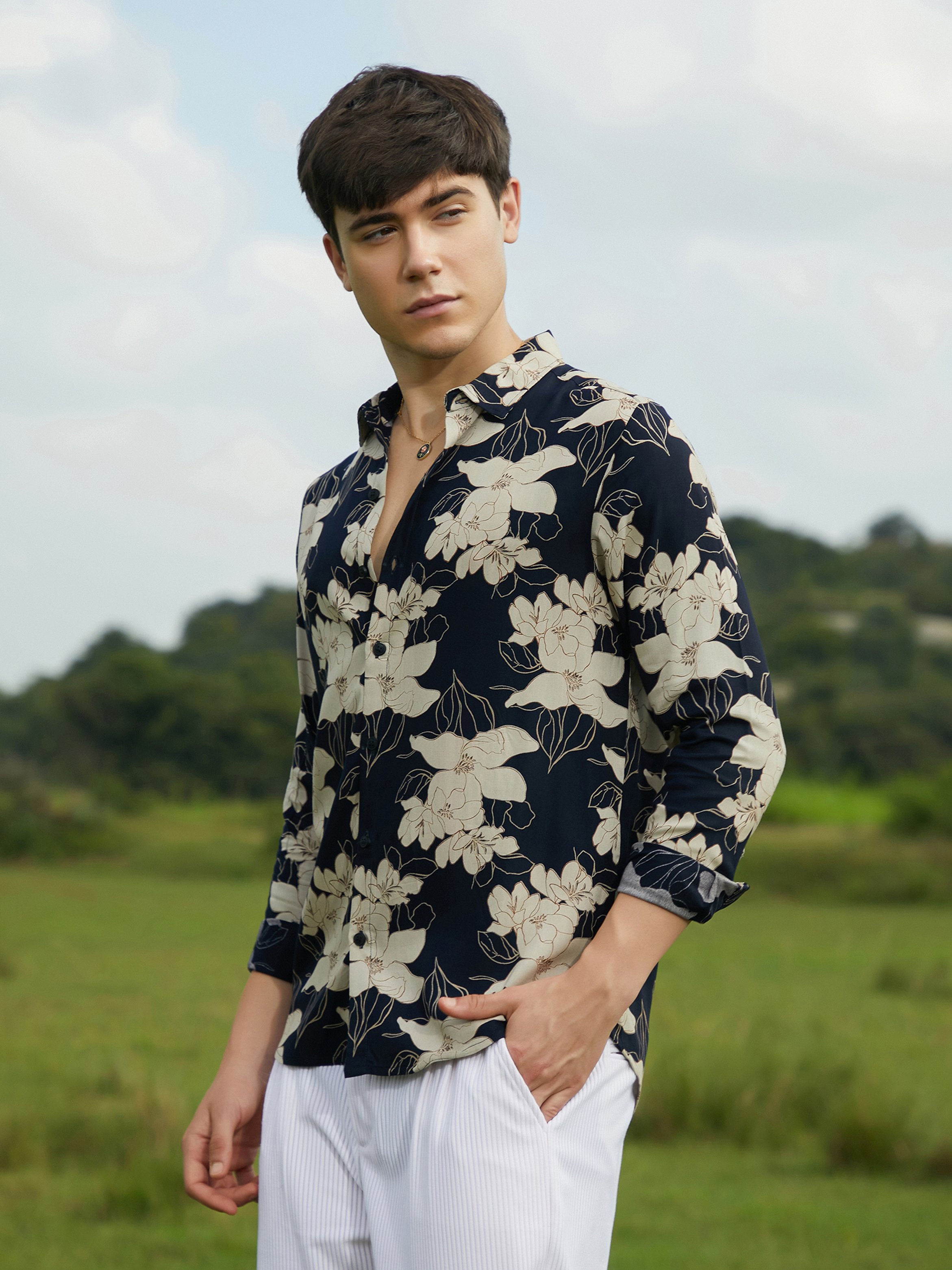Men Black Floral Print Shirt