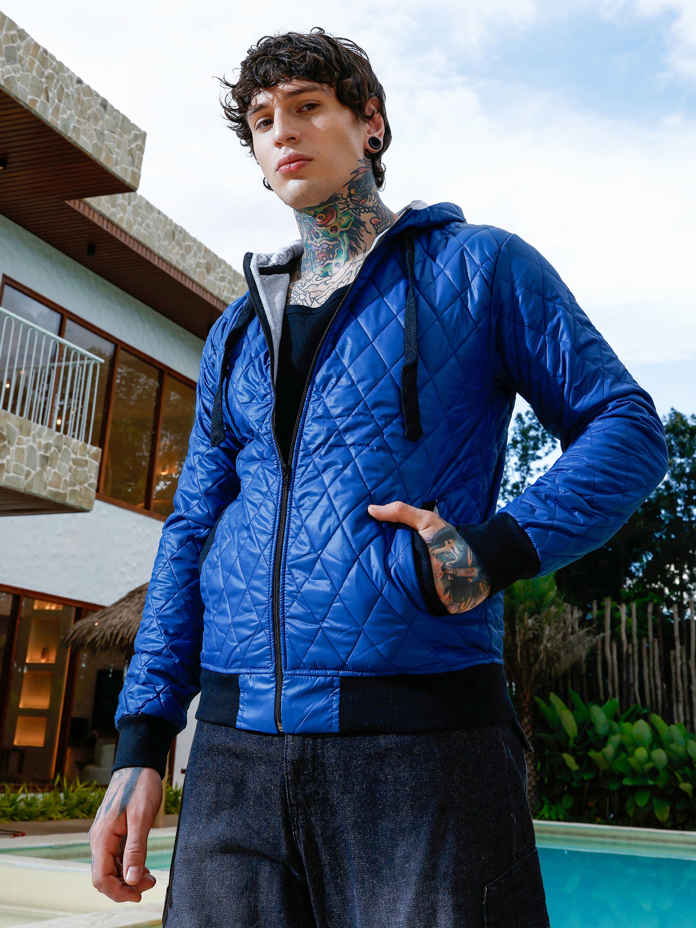 Men Blue Zip-Front Quilted Jacket