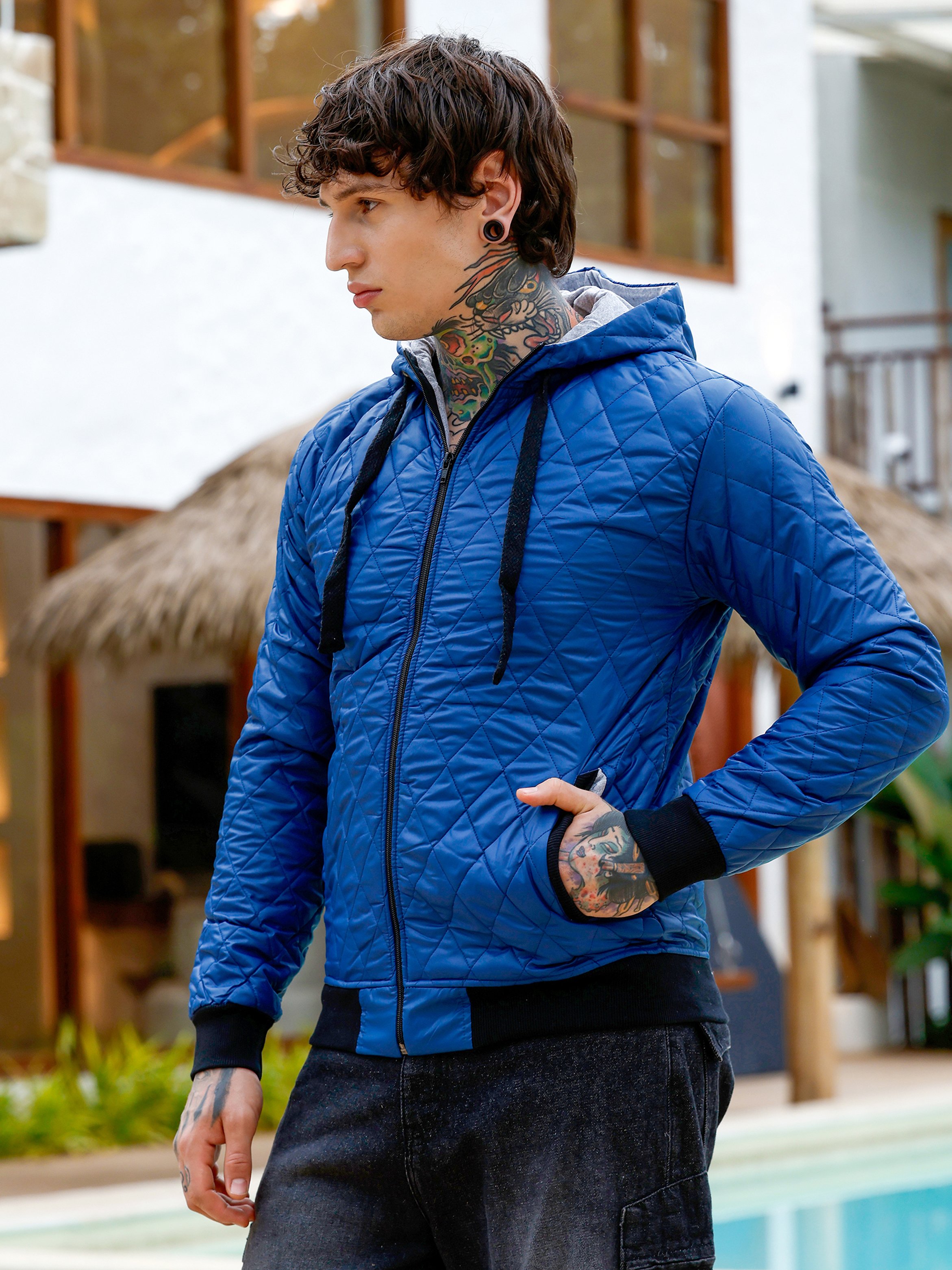 Men Blue Zip-Front Quilted Jacket