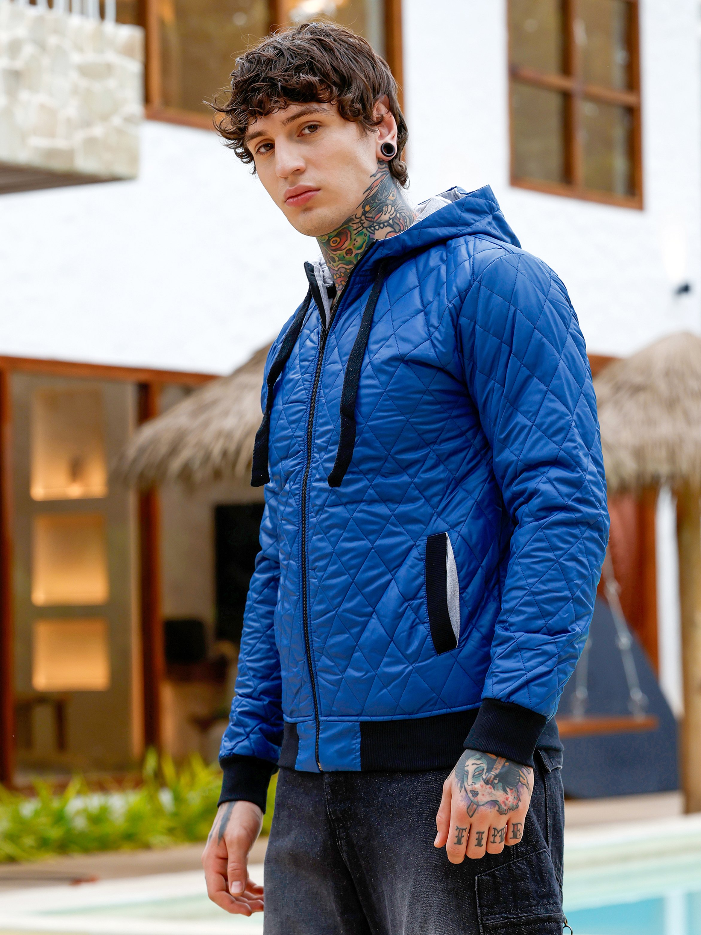 Men Blue Zip-Front Quilted Jacket