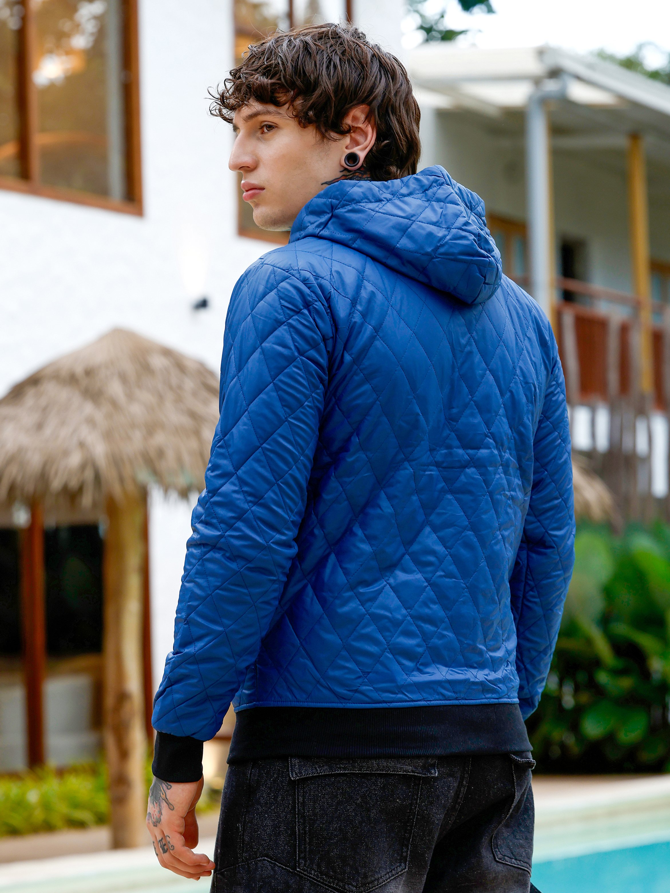 Men Blue Zip-Front Quilted Jacket