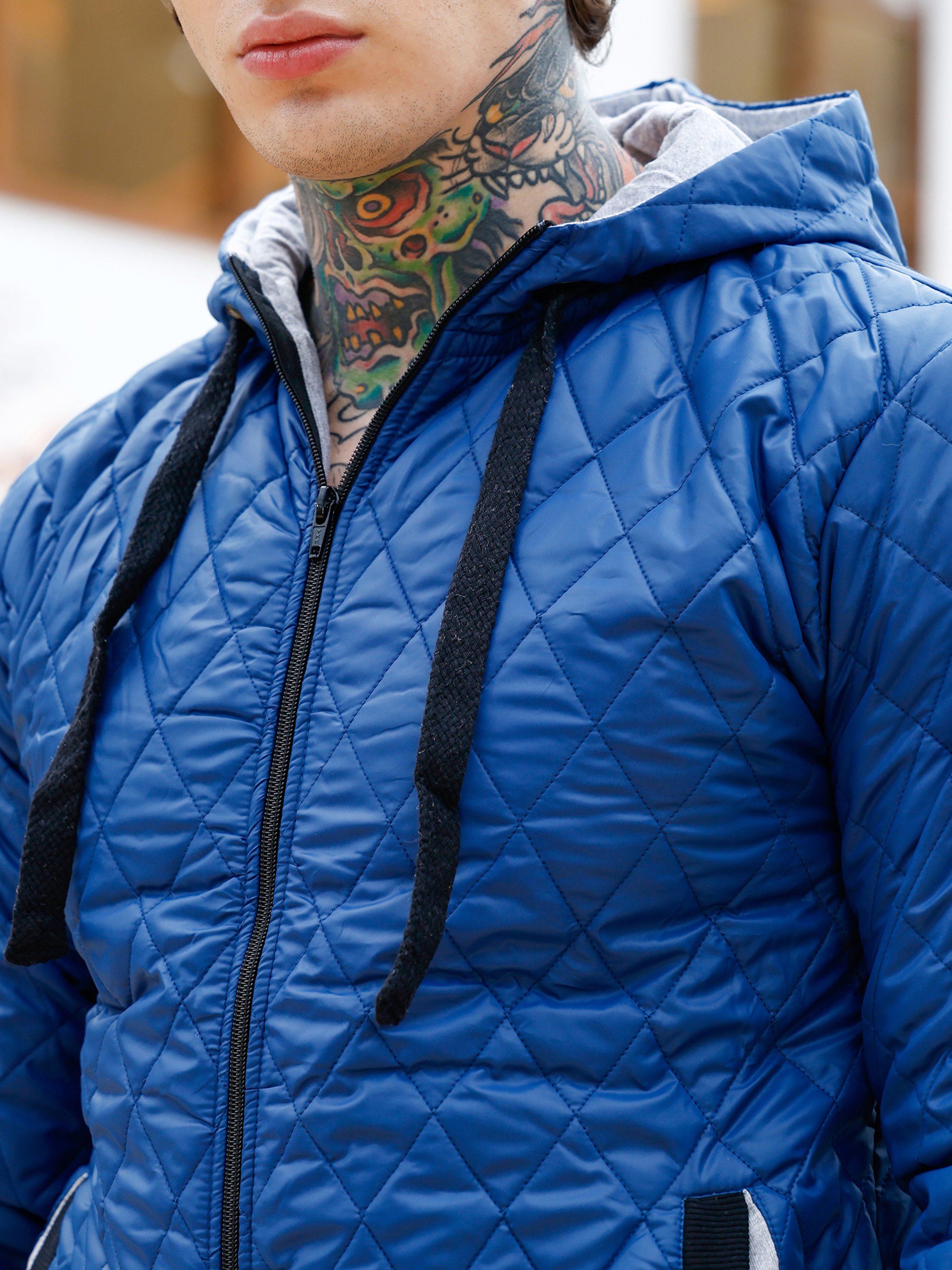 Men Blue Zip-Front Quilted Jacket