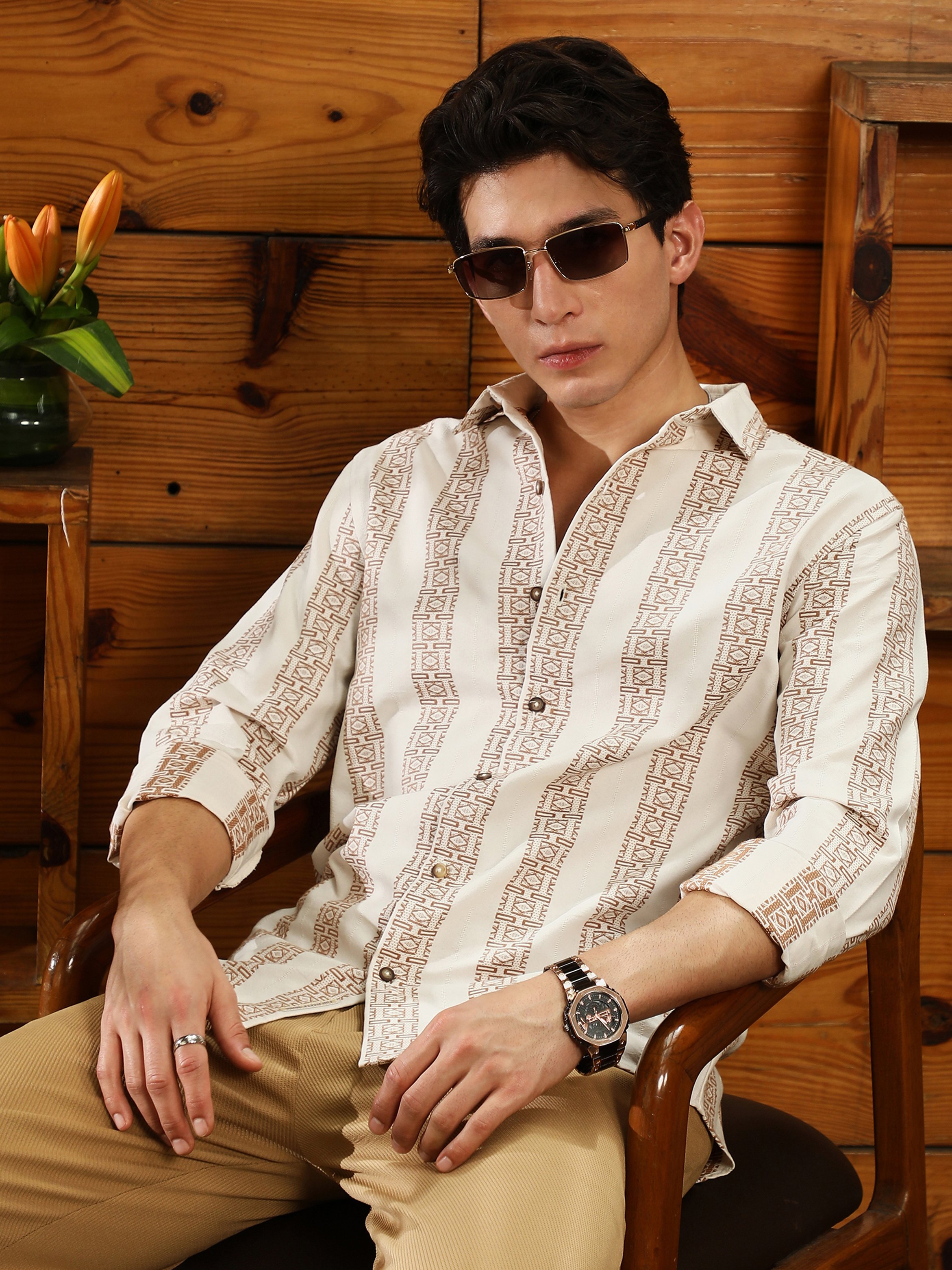 Men Ash Brown Off-White Indie-Stripe Jacquard Shirt